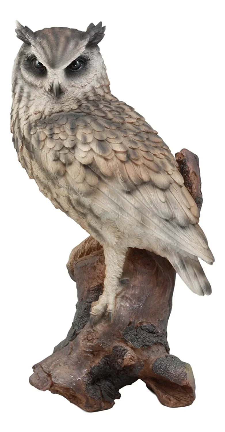 Ebros Realistic Nature Wildlife Eurasian Eagle Owl Perching On Tree Sizetatue 14.25"Tall Lifelike Nocturnal Owl Taxidermy With Glass Eyes Figurine