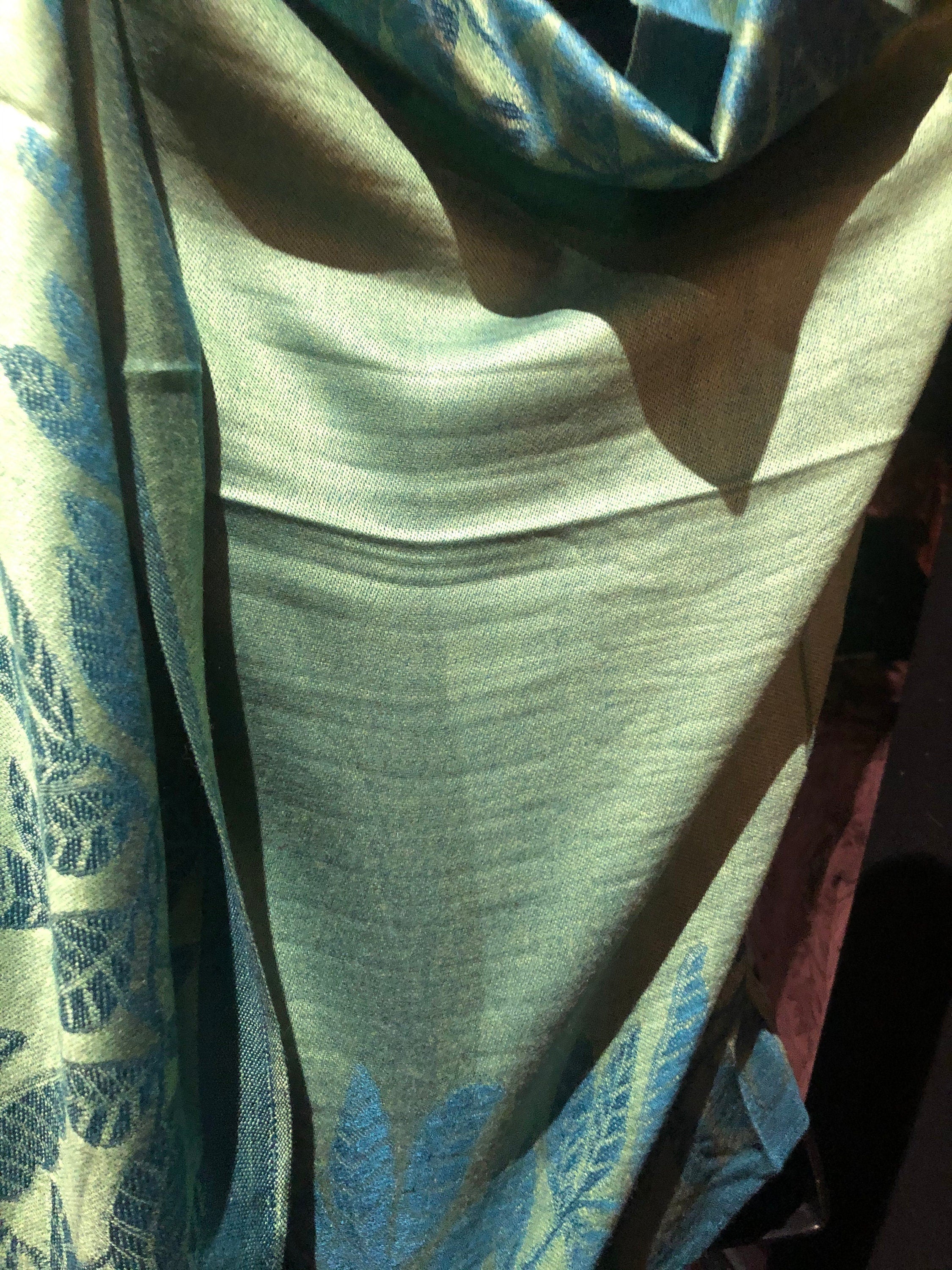 Vintage Teal blue and Green Vine Brocade Reversable Pashmina Sizecarf Wrap shawl