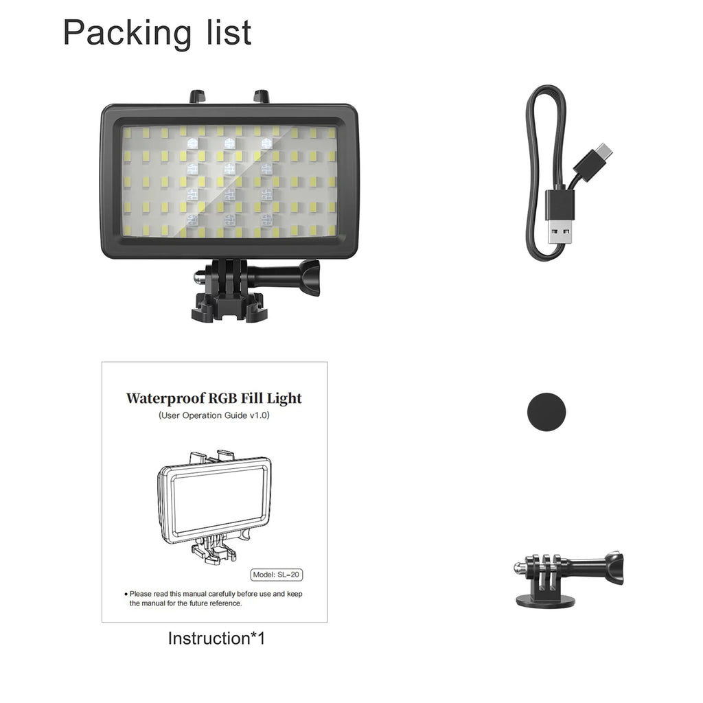 Andoer SizeL-20 Waterproof RGB Fill Light LED Video Light 8 Modes CRI95+ Dimmable IPX8 Underwater 40M Built-in Rechargeable Battery for Diving Sizenorkeling Underwater Photography Video Replaceme