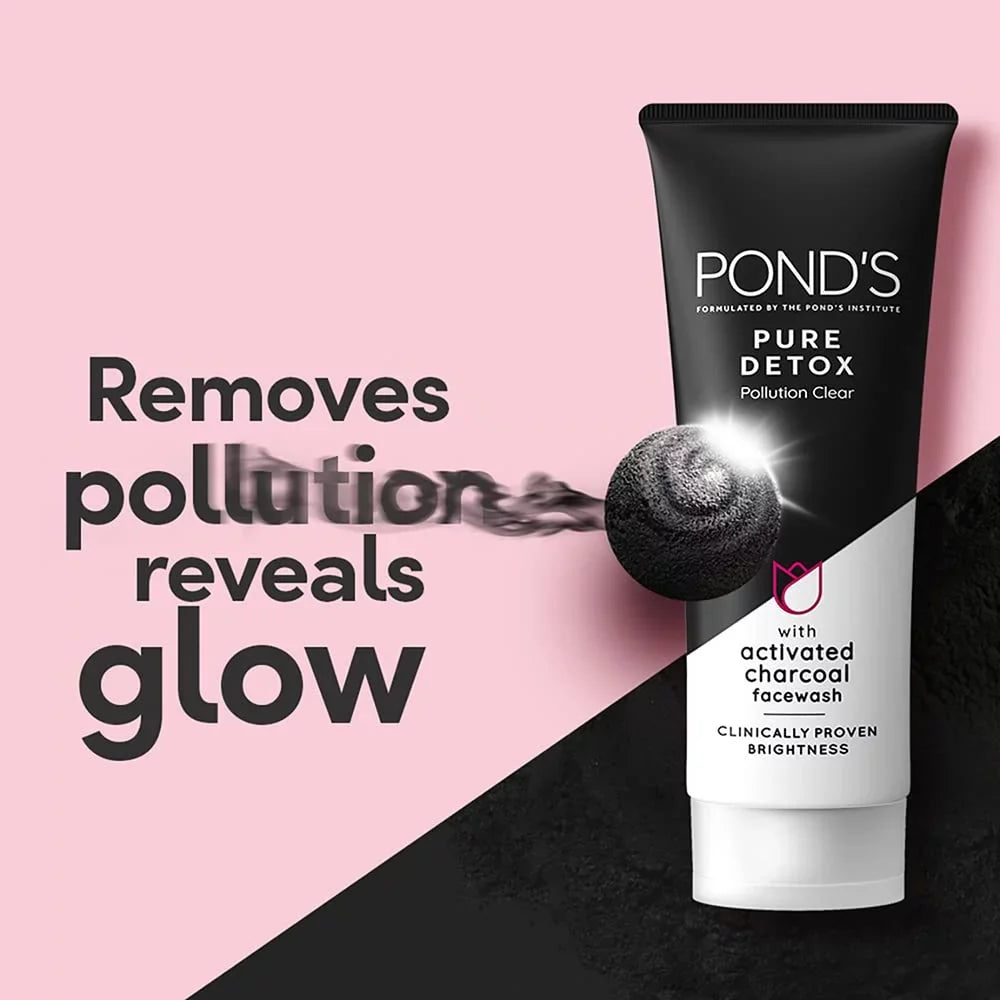 POND'Size Pure Detox Face Wash 100 g, Daily Exfoliating & Brightening Cleanser, Deep Cleans Oily Sizekin - With Activated Charcoal for Fresh, Glowing Sizekin