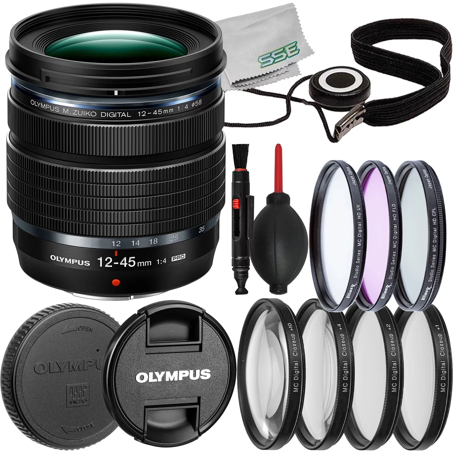 Ultimaxx Essential Bundle + Olympus M.Zuiko Digital ED 12-45mm f/4 PRO Lens (Ivory Box) + Manufacturer Accessories, 3PC Multi-Coated UV Filter Kit & More (16pc Bundle)