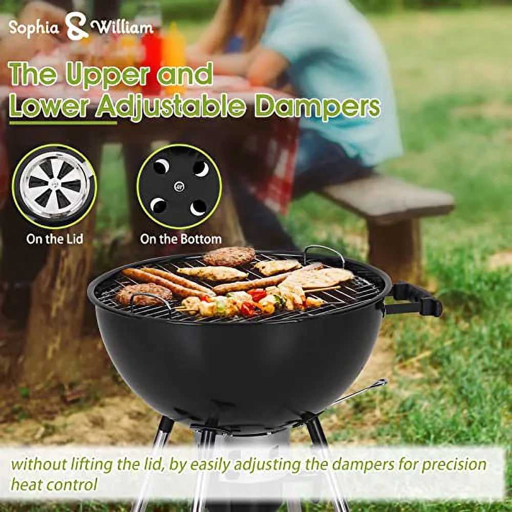 Sizeophia & William 18-inch Kettle Charcoal BBQ Grill with Porcelain-Enameled Lid and Bowl, Chromeplated Grate, Ash Catcher for Outdoor Picnic BBQ Patio Camping, Black