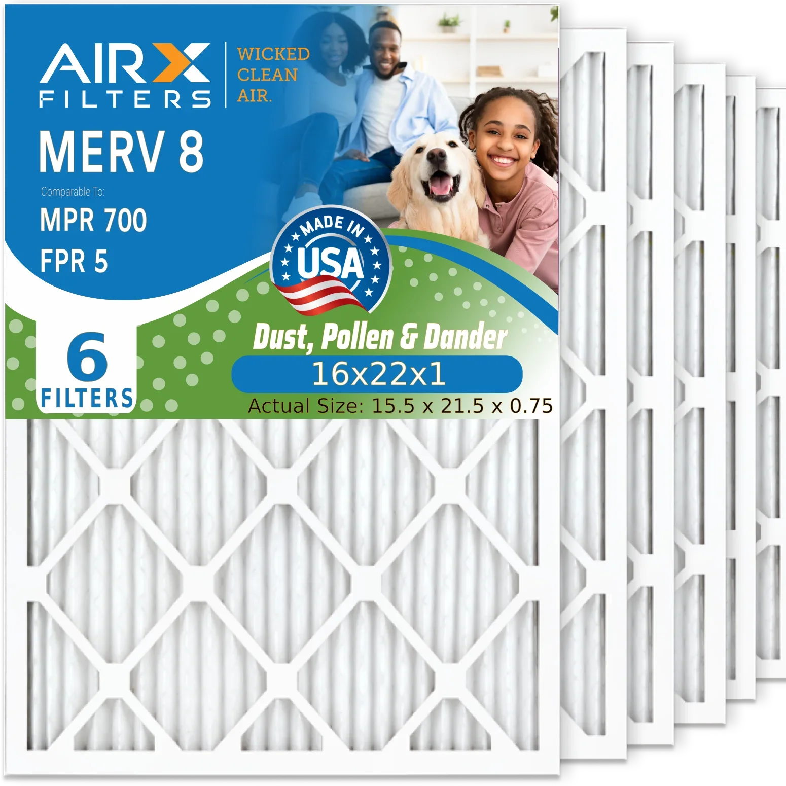 16x22x1 Air Filter MERV 8 Comparable to MPR 700 & FPR 5 Electrostatic Pleated Air Conditioner Filter 6 Pack HVAC AC Premium USizeA Made 16x22x1 Furnace Filters by AIRX FILTERSize WICKED CLEAN AIR.