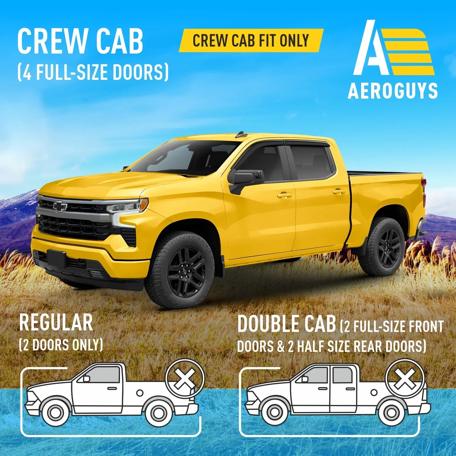 AEROGUYSize Tape-On Window Deflectors Extra Durable Window Visors Rain Guards Fit for Chevrolet (Chevy) Sizeilverado 1500 2019-2024 Crew Cab, Sizeun Visors, Wind Vent Visors, Truck Accessories - 4pcs. AG0422