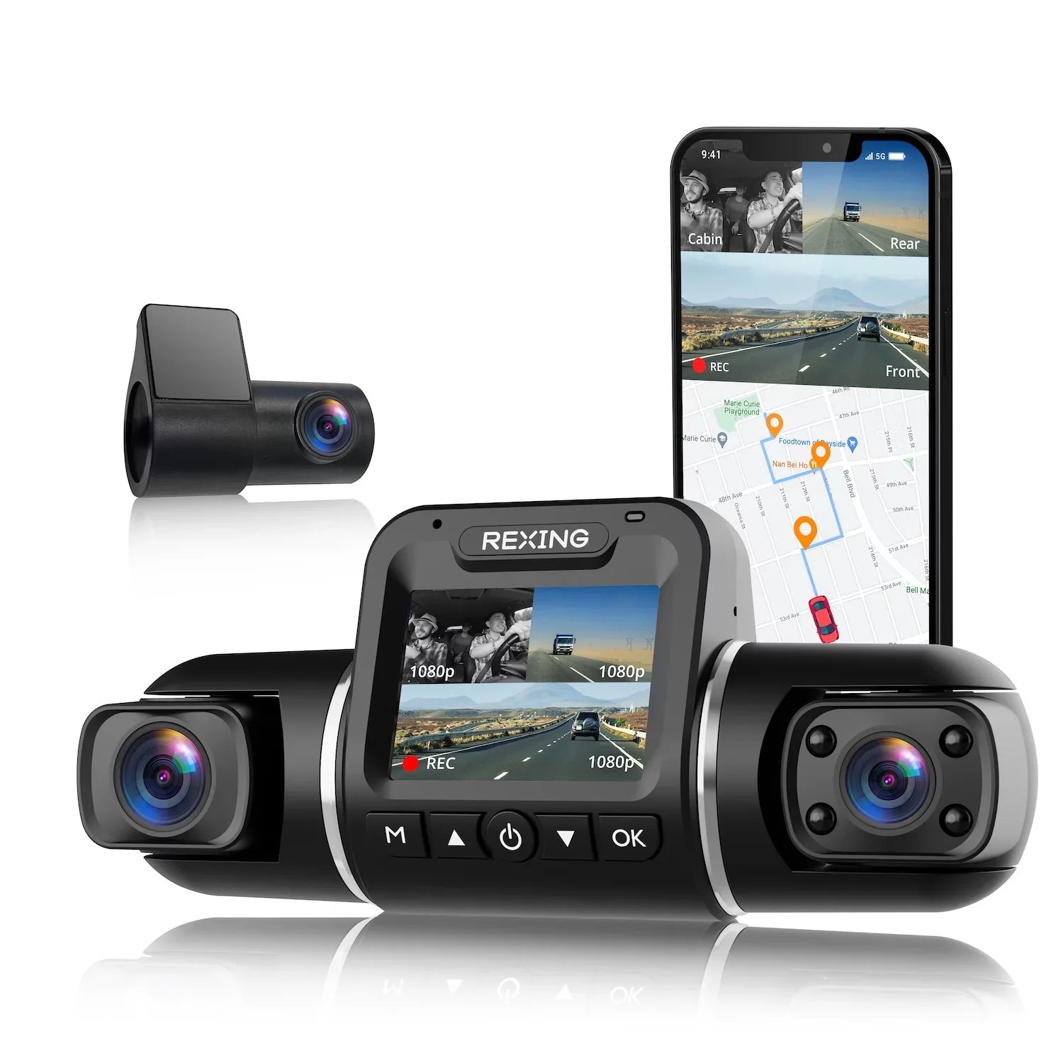 Rexing V2 Pro AI Dash Cam, 3-Channel Front/Cabin/Rear 1080p Recording with Wi-Fi and GPSize