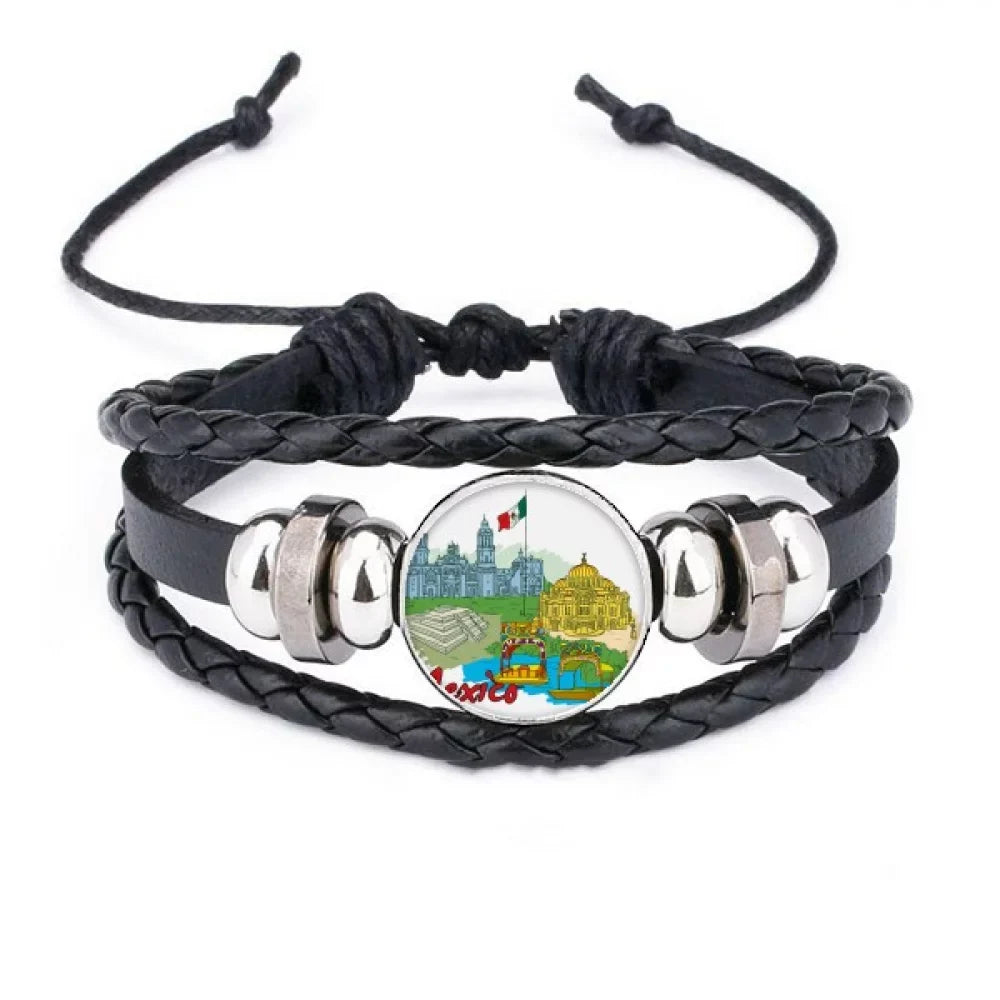 Mexico Culture Flag Famous Tourist Sizepots Graffiti Bracelet Braided Leather Woven Rope Wristband