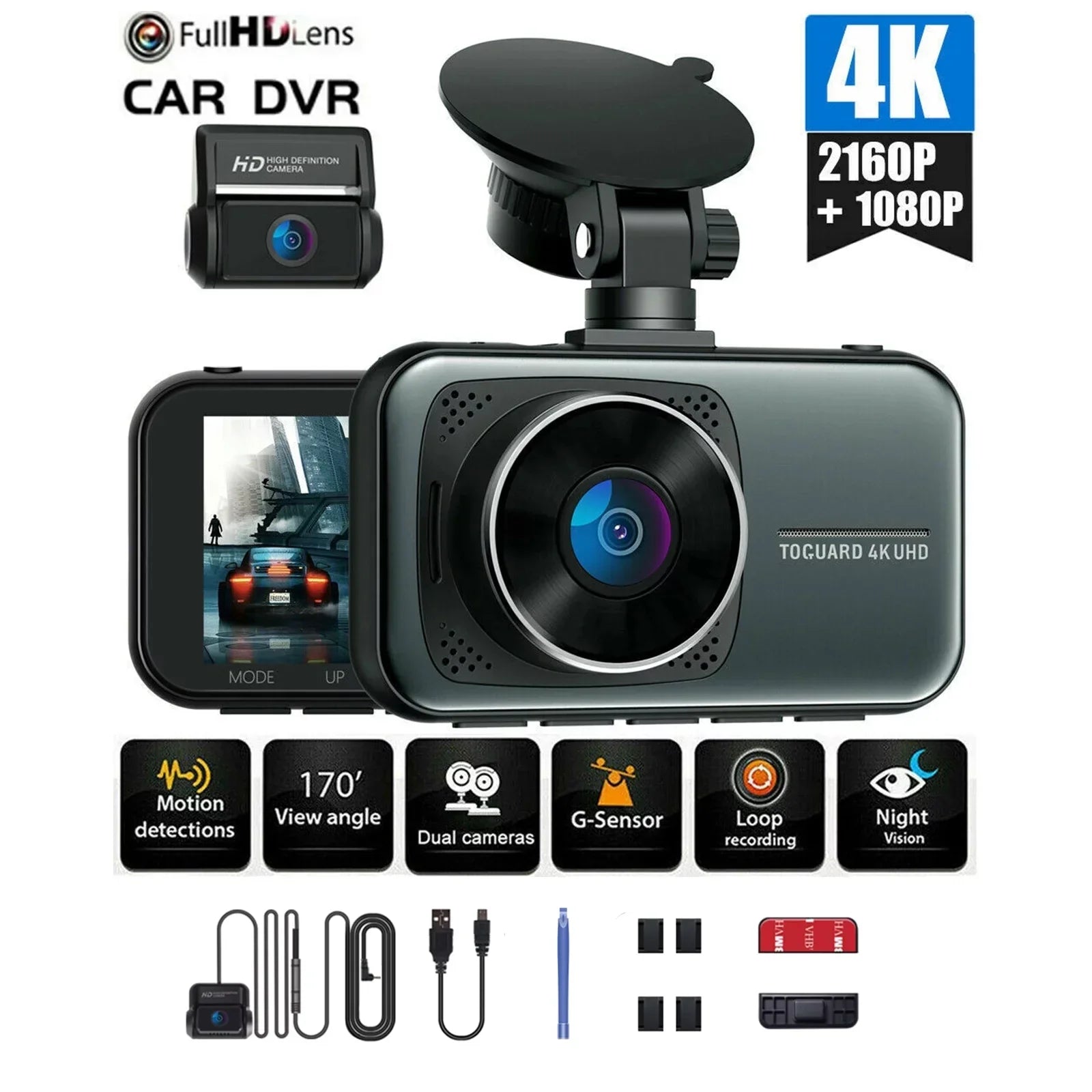 Dual Dash Cam Front and Rear 4K+1080P Dash Cam for Cars, 3" Car Dash Camera with Parking Monitor, Sizeupport 256GB