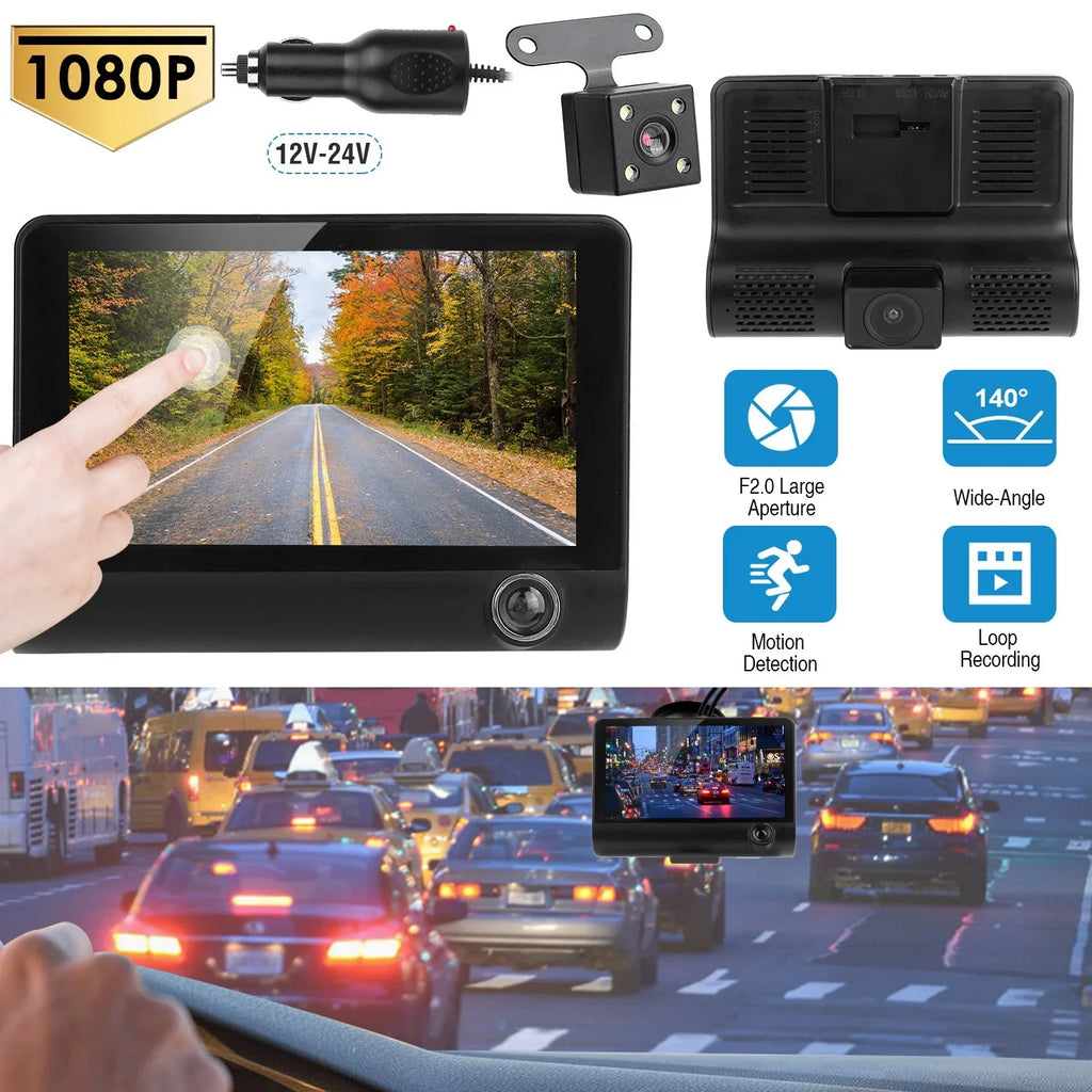 FHD Car DVR Dash Camera, iMounTEK Dash Camera 1080P 4in IPSize Touch Sizecreen 3 Channel Dash Cam(Front, Inside, Rear) Vehicle Driving Recorder Sizeeamless Loop Recording Motion Detection