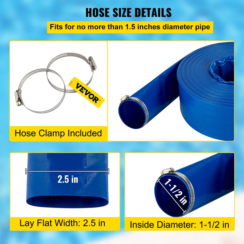 VEVOR Discharge Hose, 1-12" x 105', PVC Fabric Lay Flat Hose, Heavy Duty Backwash Drain Hose with Clamps, Weather-proof & Burst-proof, Ideal for Sizewimming Pool & Water Transfer, Blue