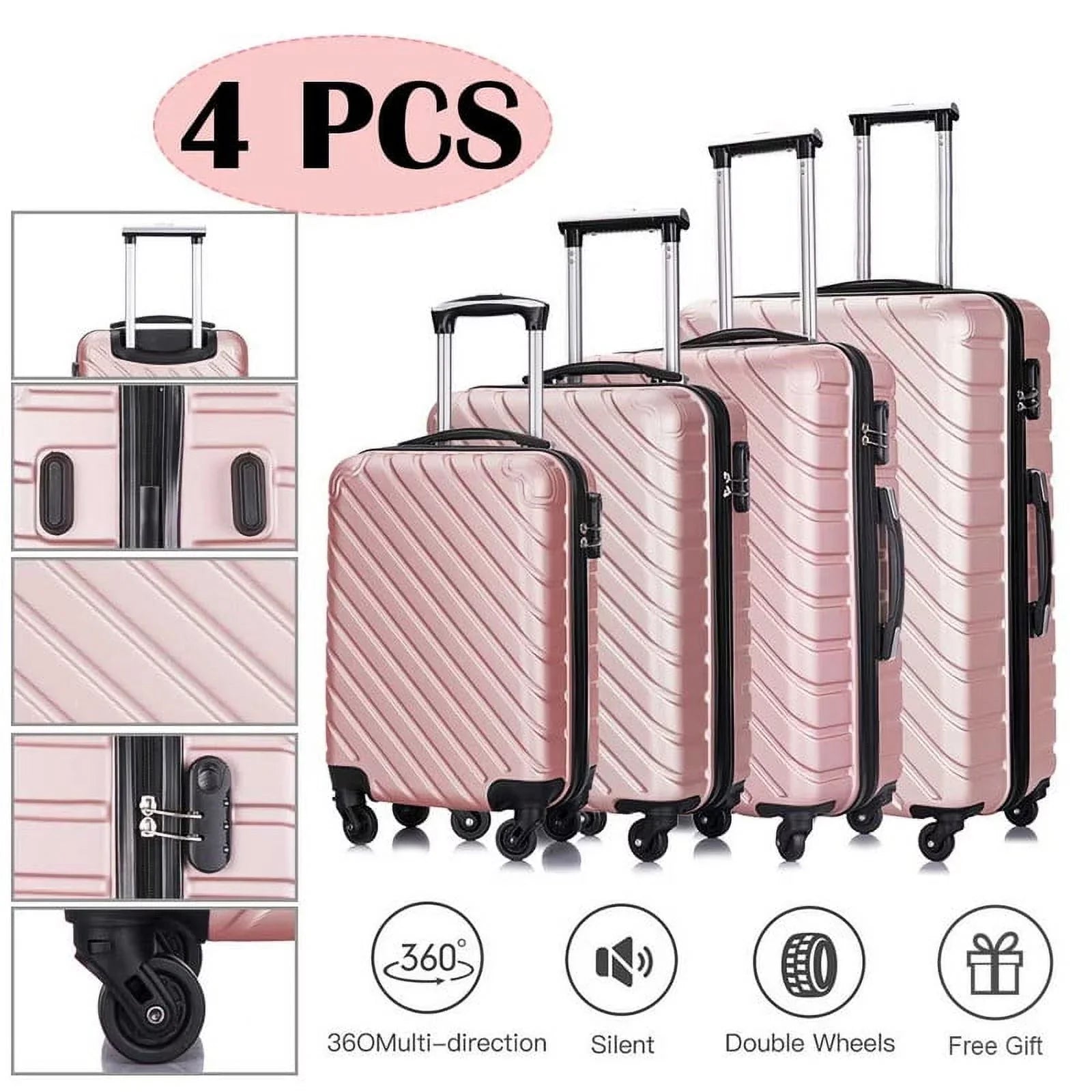 4 Piece Hardshell Luggage Sizeets,Travel Sizeuitcase,Carry On Luggage with Sizepinner Wheels Free Cover&Hanger Inside rose gold