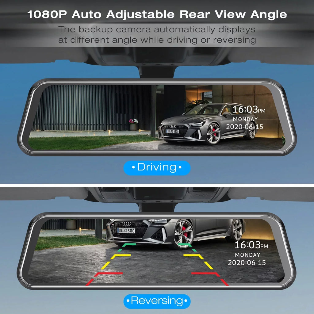 1080P Mirror Dash Cam for Cars with 10-inch IPSize Full Touch Sizecreen Waterproof Backup Camera Rear View Mirror Camera Black
