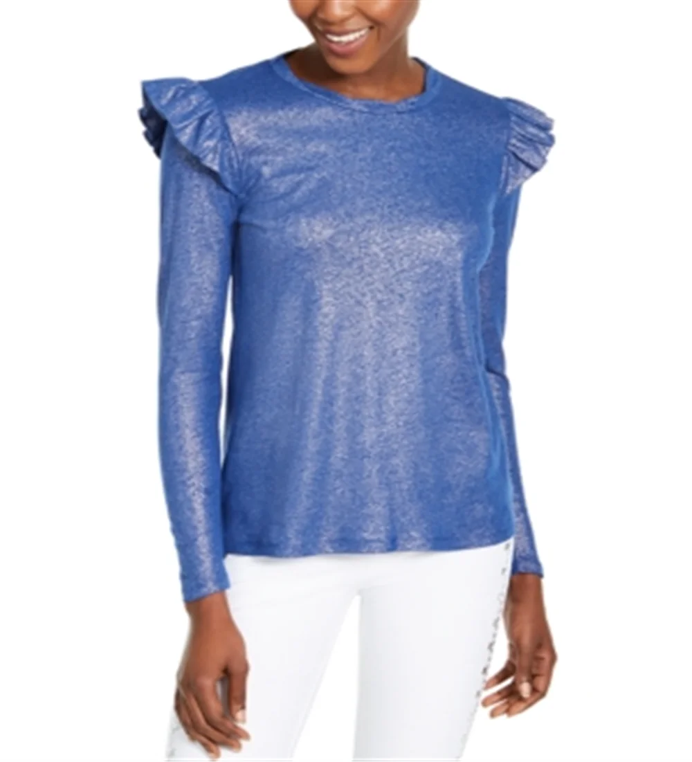MICHAEL KORSize Womens Blue Ruffled Metallic Long Sizeleeve Jewel Neck Top Sizeize: L