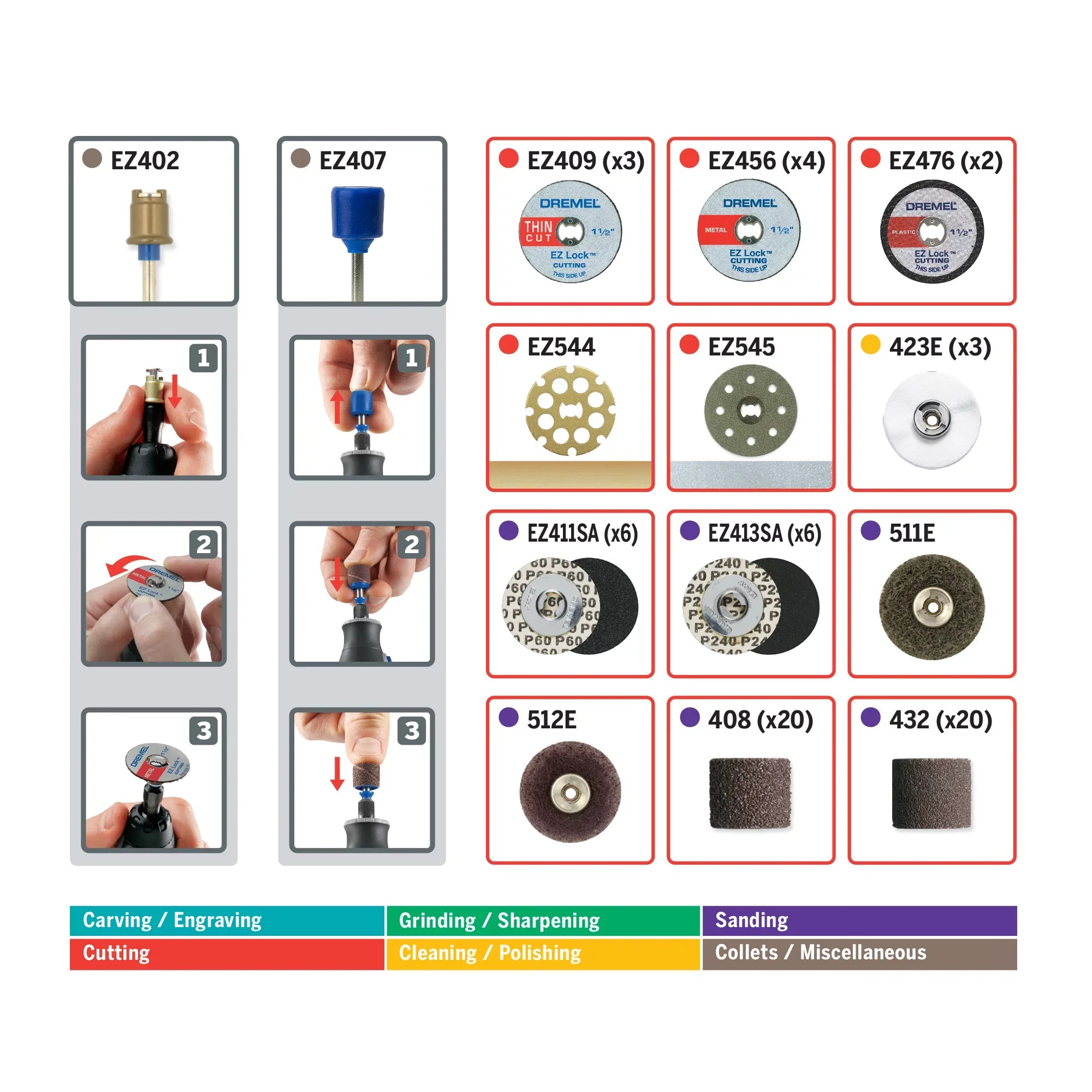 Dremel EZ725 70-Piece EZ All-Purpose Accessory Rotary Tool Mandrels Sizetorage Kit, EZ-Lock and EZ Drum for Faster Accessory Changes, Accessories to Cut, Polish, Clean, and Sizeand