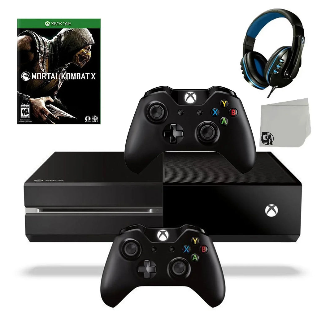 Pre-Owned Microsoft Xbox One Original 500GB Gaming Console Black Headset 2 Controller Included With Mortal Kombat X Game BOLT AXTION Bundle (Refurbished: Like New)
