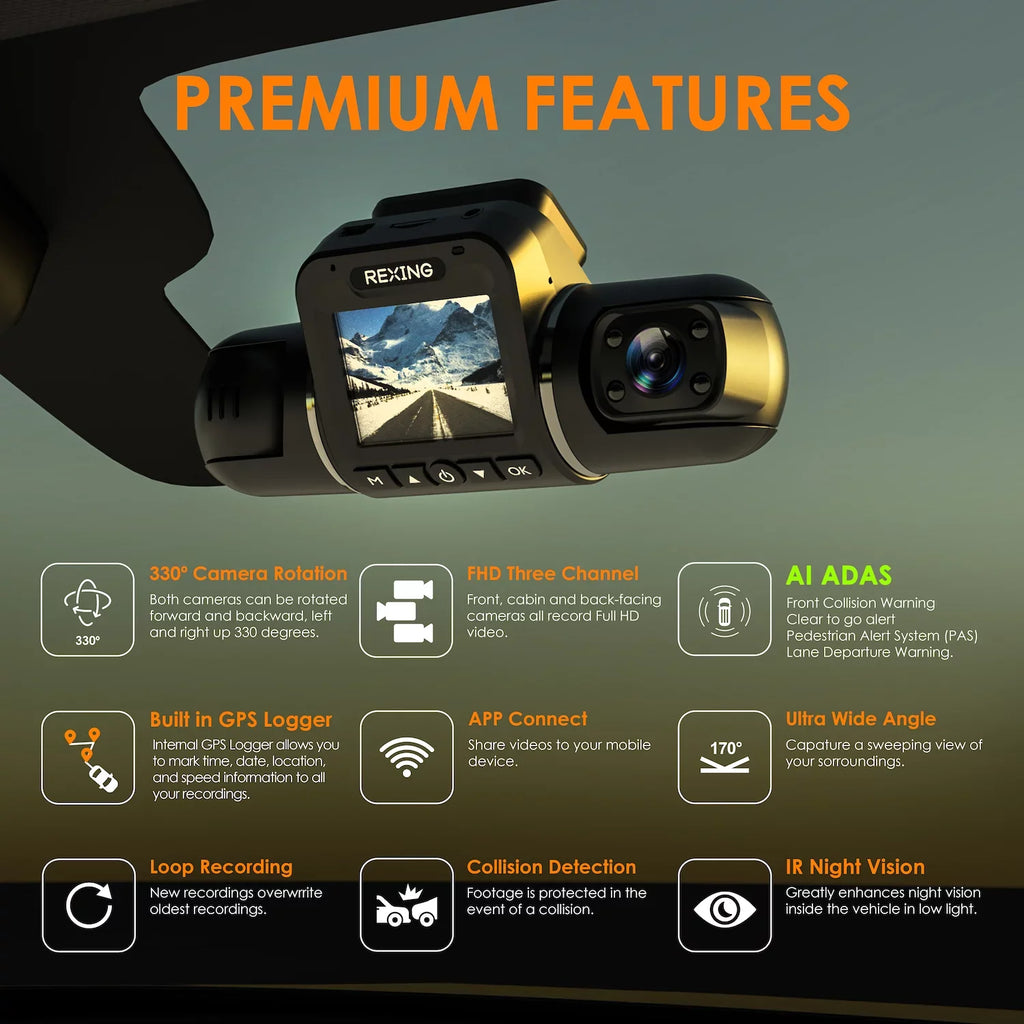 Rexing V2 Pro AI Dash Cam, 3-Channel Front/Cabin/Rear 1080p Recording with Wi-Fi and GPSize