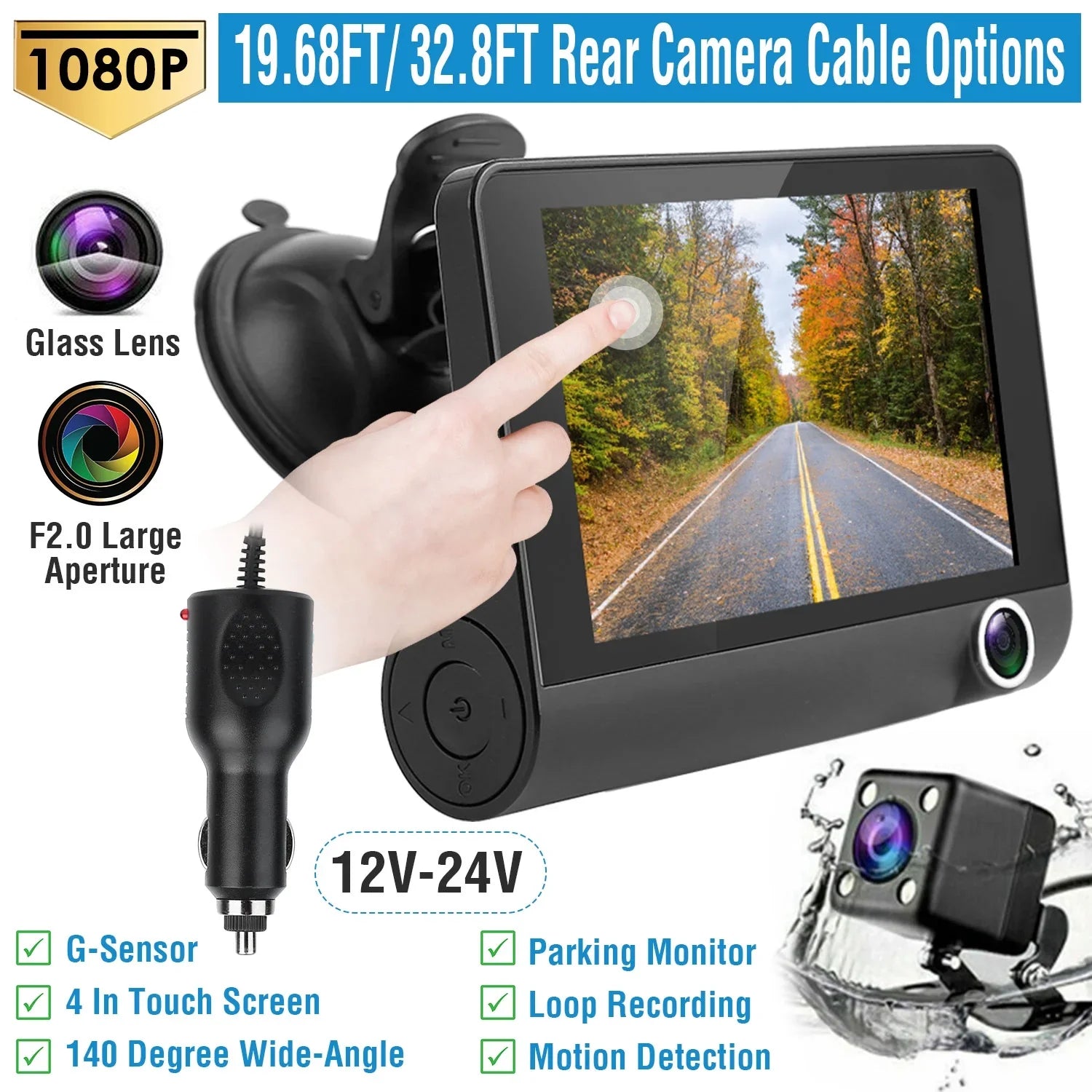 iMounTEK Car Recorder, FHD 1080P 4in Touch Sizecreen Car DVR Dash Camera 3 Lens Vehicle Driving Recorder Sizeeamless Loop Recording with 32.8ft Rear Camera Wire, Black
