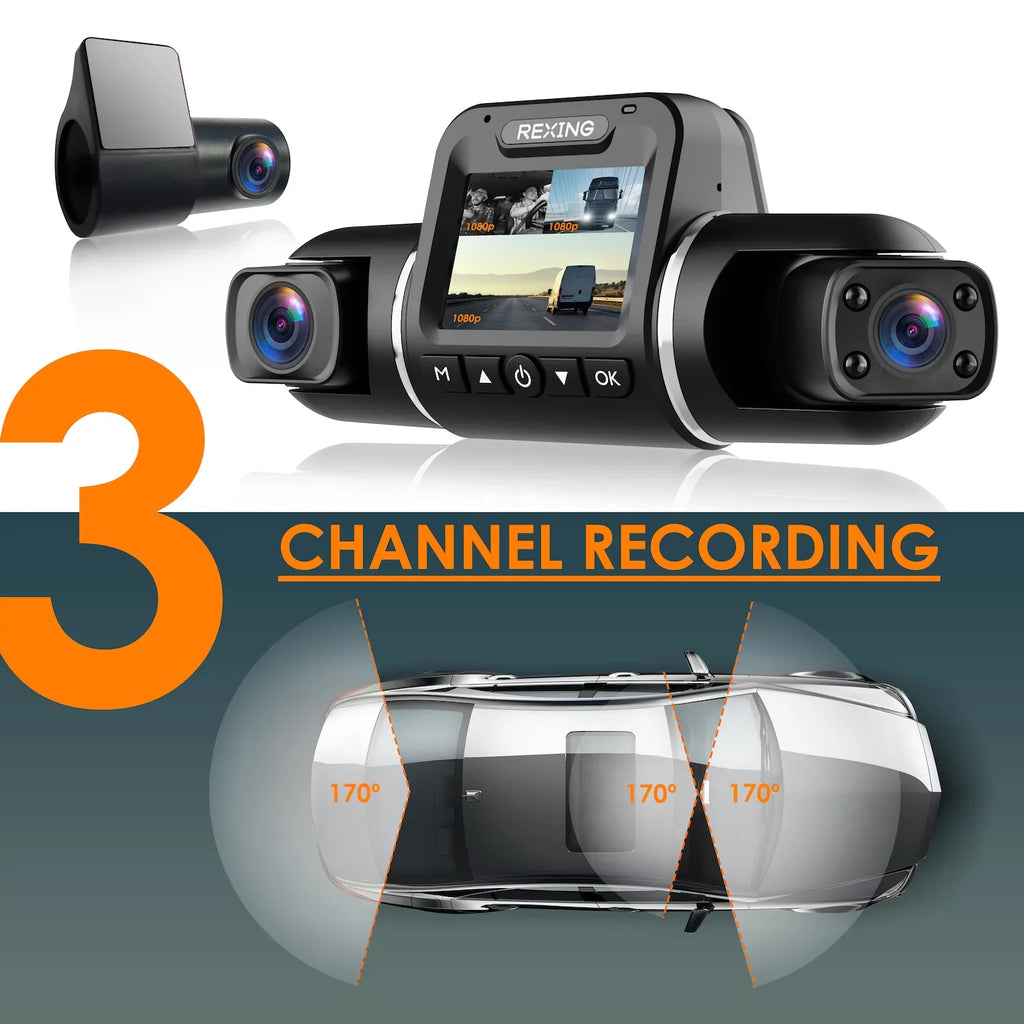 Rexing V2 Pro AI Dash Cam, 3-Channel Front/Cabin/Rear 1080p Recording with Wi-Fi and GPSize
