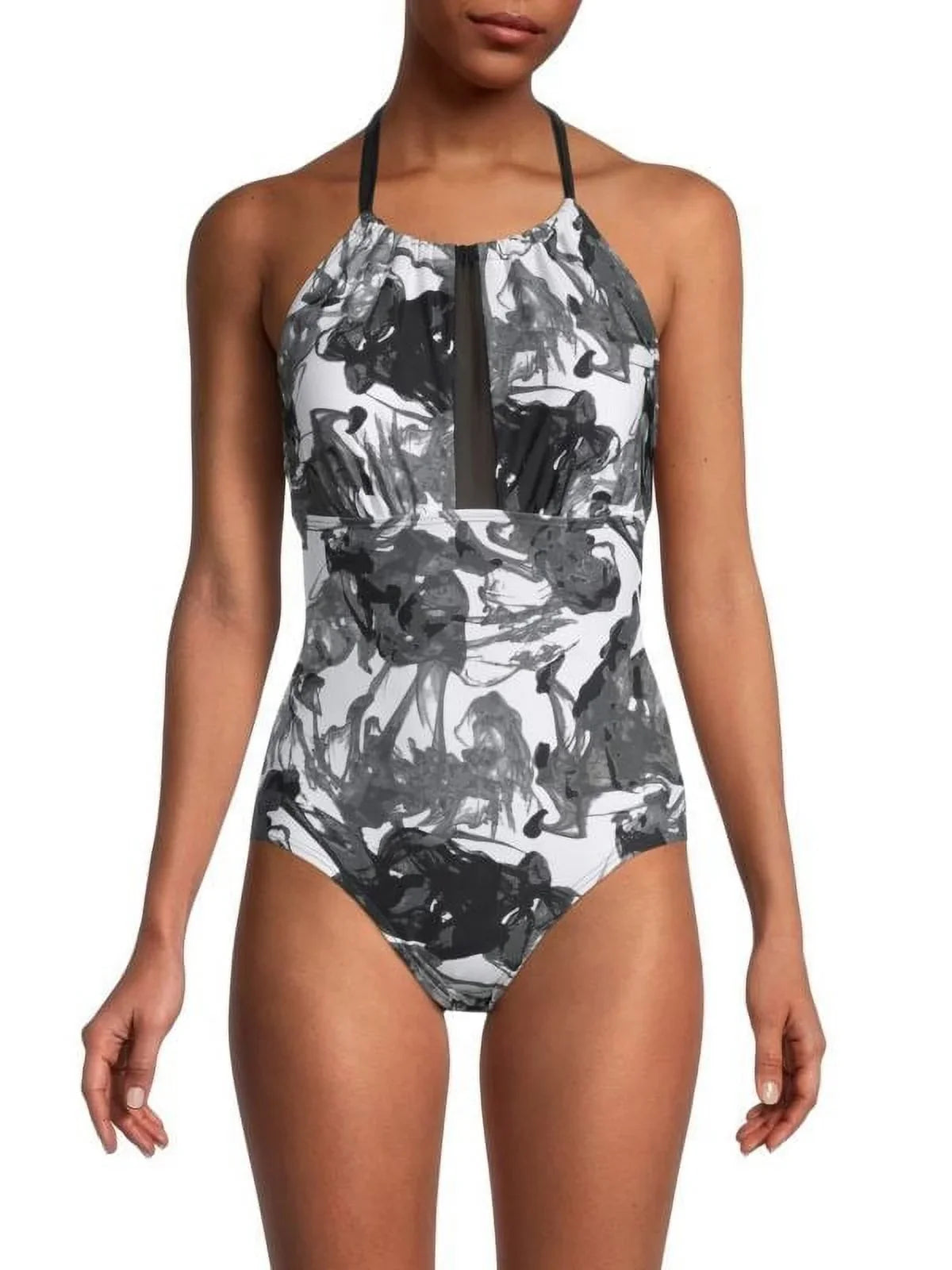 Calvin Klein INK SizeMOKE BLACK MULTI High-Neck Halter One-Piece Sizewimsuit, USize 16