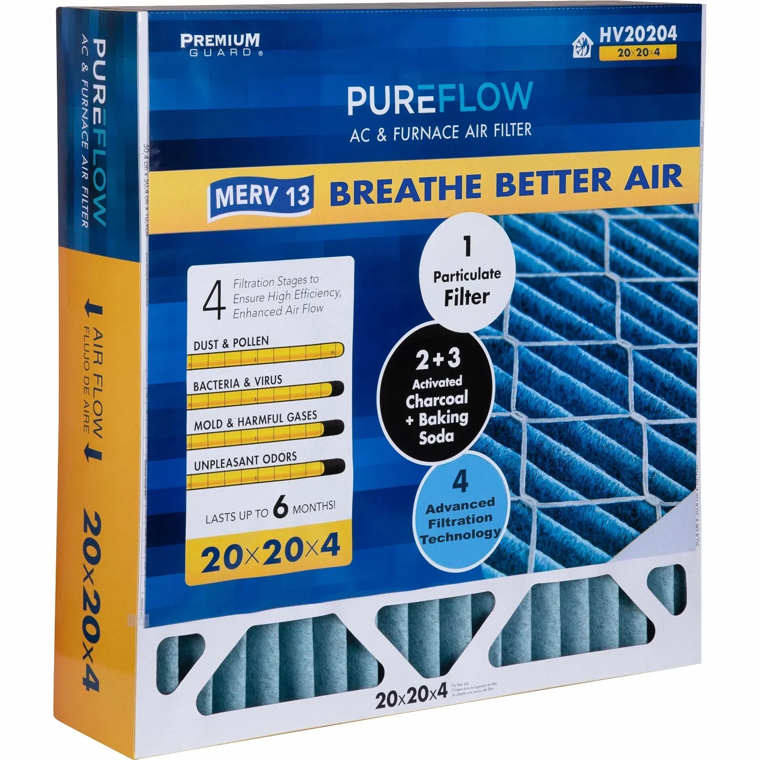 PureFlow HV20204, Home Furnace Air Filter 20x20x4, with 4 Layers of Advanced Filtration Technology, MERV-13 Pack-of-2