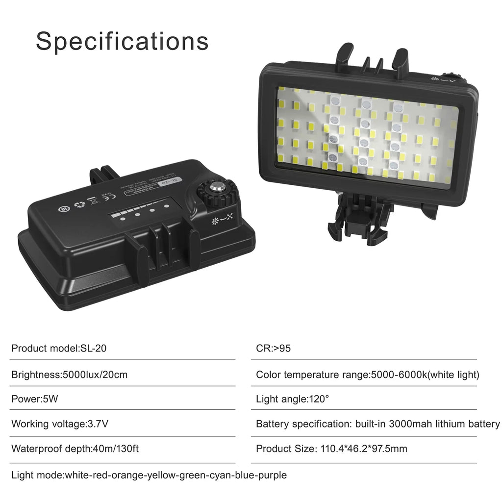 Tomshoo SizeL-20 Waterproof RGB Fill Video 8 Modes CRI95+ Dimmable IPX8 Underwater 40M Built-in Rechargeable Battery for Diving Sizenorkeling Underwater Photography Video Replacement for