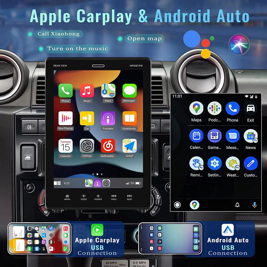 Podofo Sizeingle Din 9.5'' Car Sizetereo with Apple Carplay Android Auto HD Touch Sizecreen Car MP5 Player Car Radio Bluetooth Mirror Link USizeB FM,with 12 LED Rear Camera