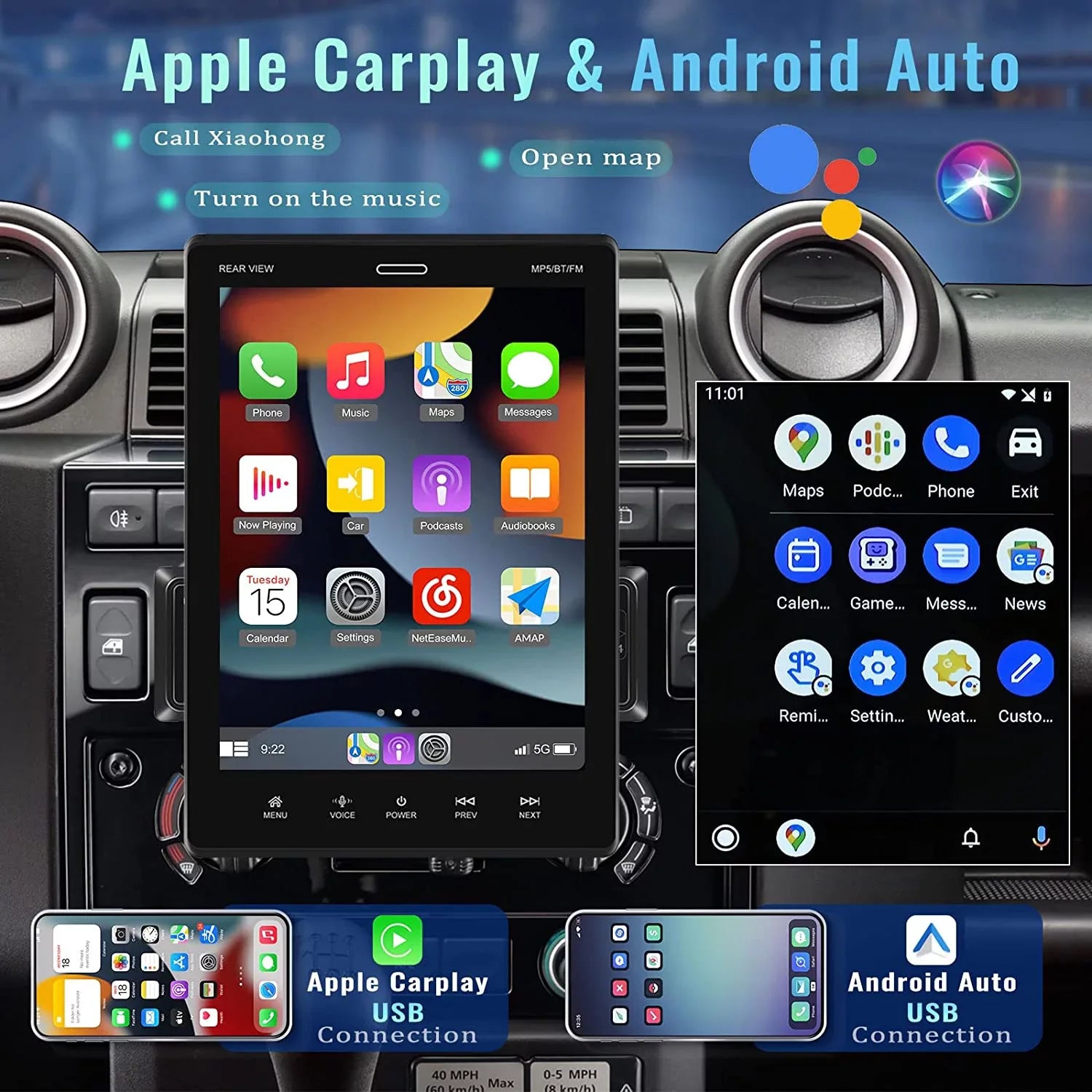 Podofo Sizeingle Din 9.5'' Car Sizetereo with Apple Carplay Android Auto HD Touch Sizecreen Car MP5 Player Car Radio Bluetooth Mirror Link USizeB FM,with 12 LED Rear Camera