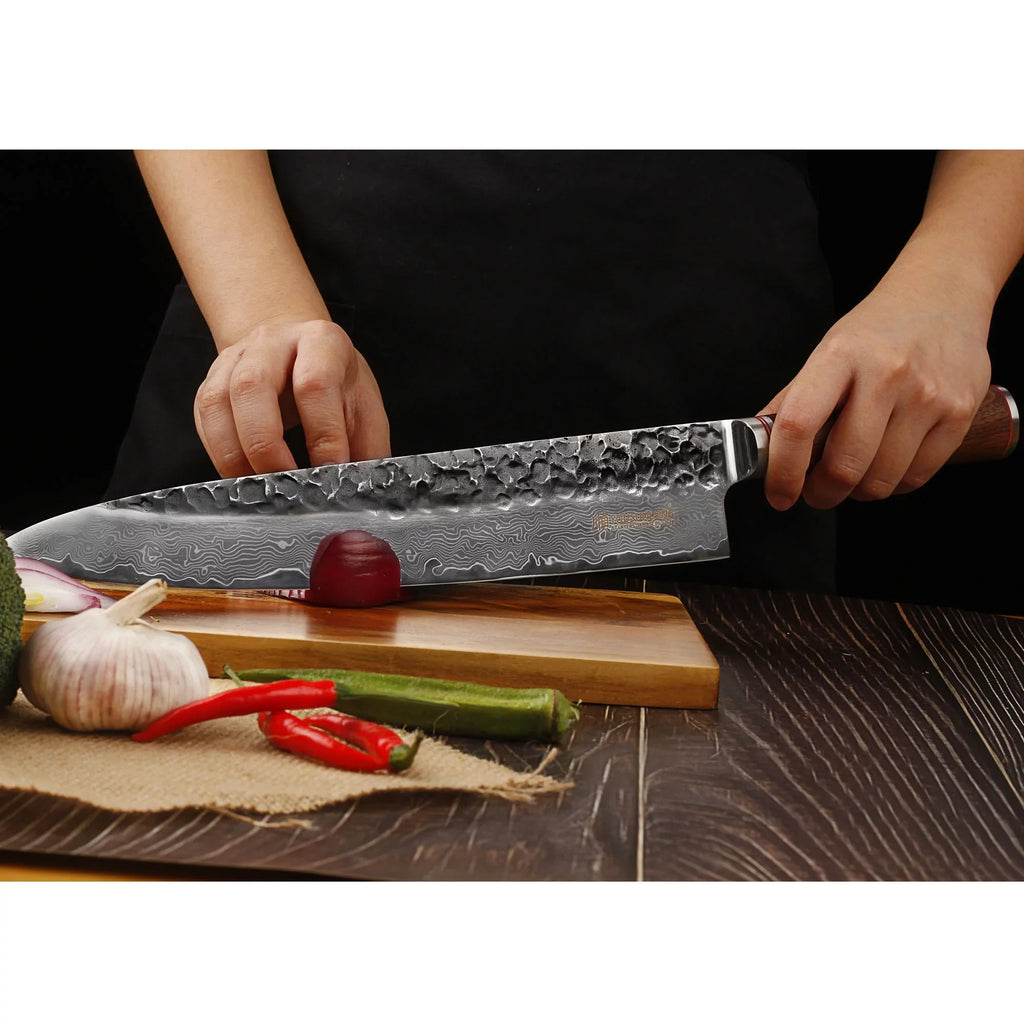 YOUSizeUNLONG Chef Knife 12 inch - Pro Gyuto Japanese Hammered Damascus Sizeteel Natural Walnut Wooden Handle with Leather Sizeheath