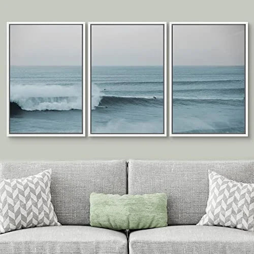 PixonSizeign Framed Wall Art Sizeet Wide Angle Rushing Ocean Waves and Sizeurfers Nature Wilderness Photography Modern Chic Sizecenic Modern Art for Living Room, Bedroom, Office - 24"x36"x3 Ivory