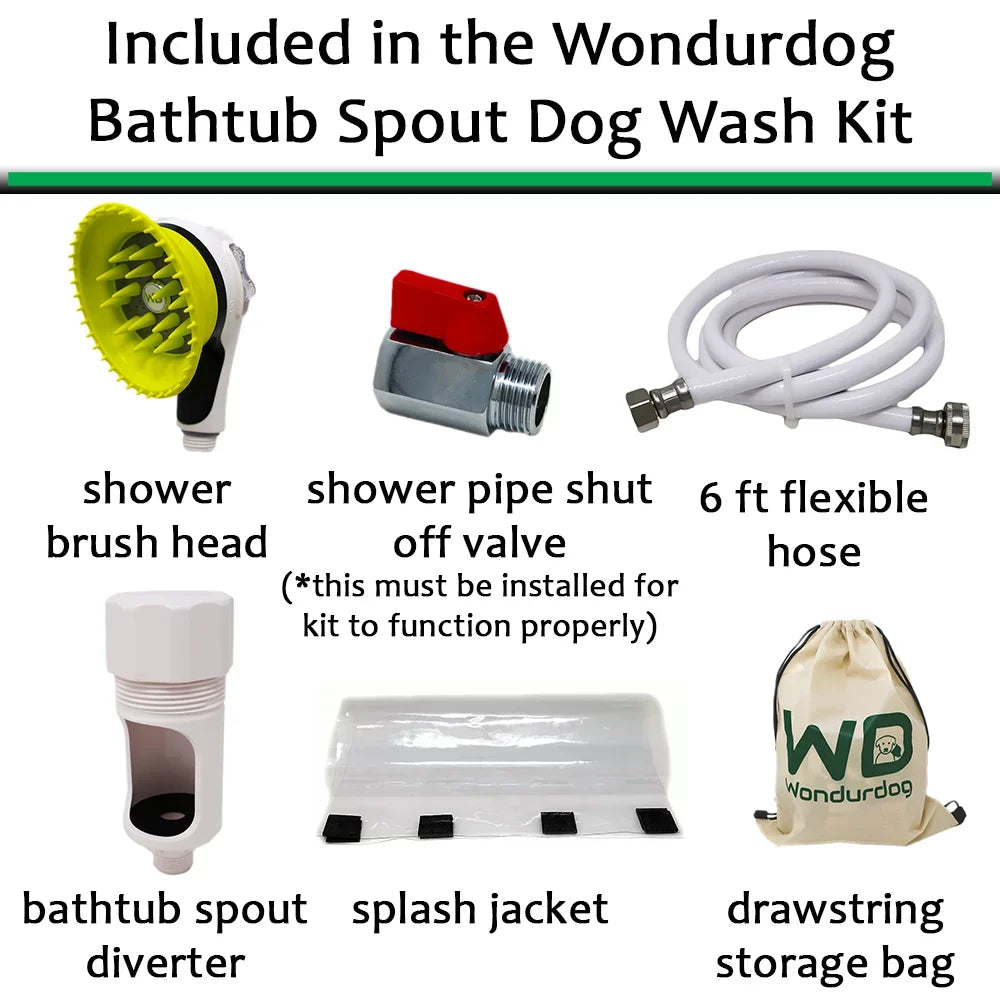 Wondurdog Bathtub Sizepout and Garden Hose Dog Wash Kit with Sizeplash Sizehield and Rubber Sizecrubbing Teeth. For Bathtub Sizepouts with Front Pullup Lever Only.