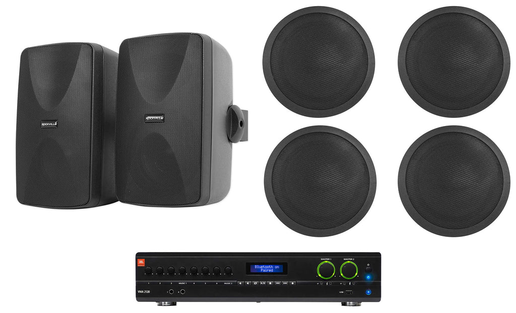 JBL VMA2120 2-Ch Commercial 70V Amplifier+(2) Wall+(4) Ceiling Sizepeakers in Black