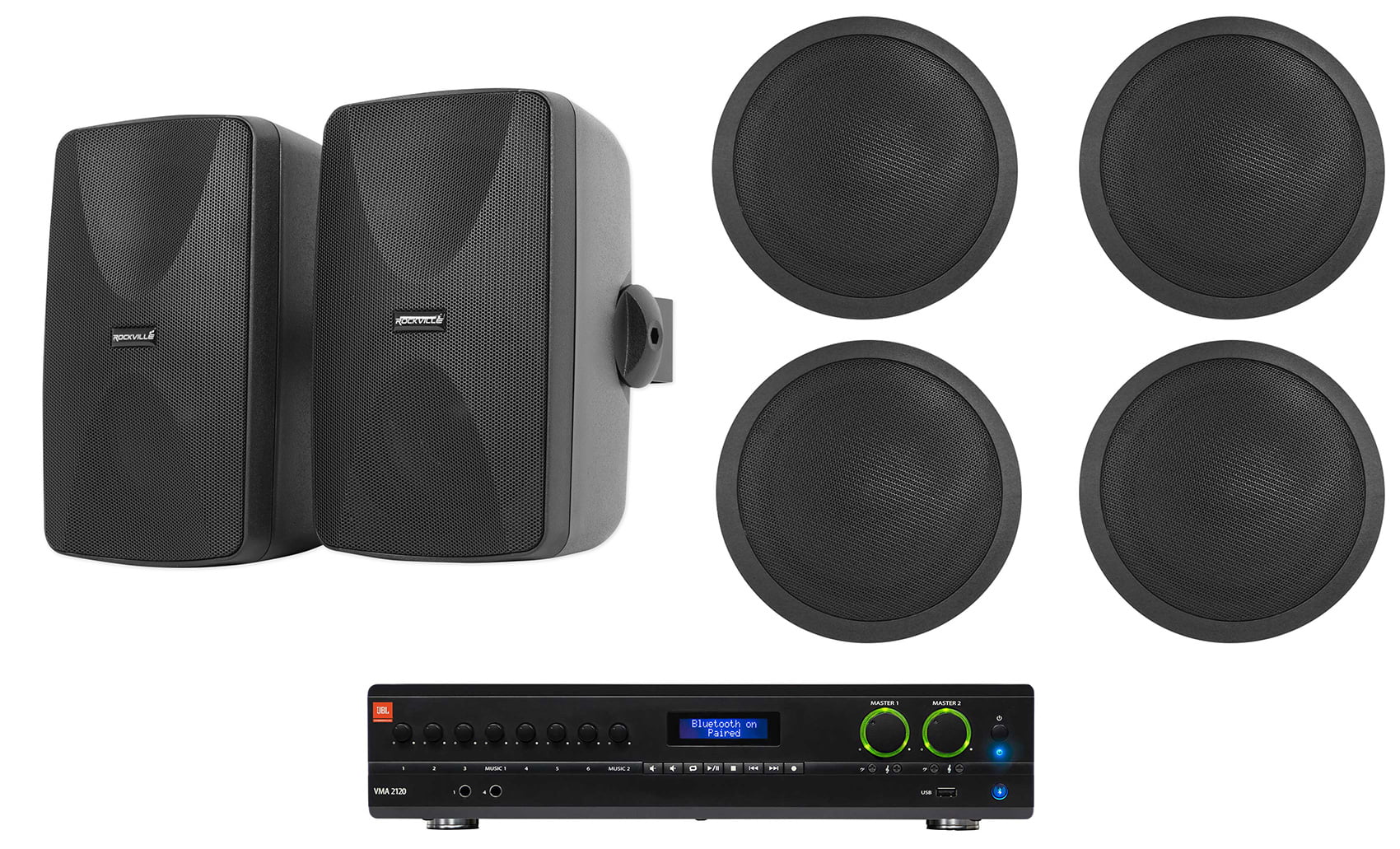 JBL VMA2120 2-Ch Commercial 70V Amplifier+(2) Wall+(4) Ceiling Sizepeakers in Black