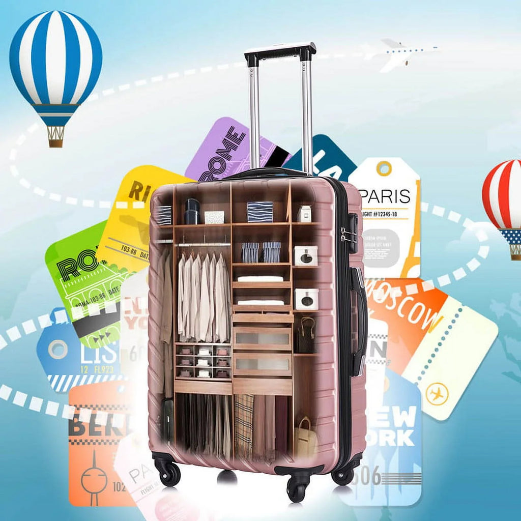 4 Piece Hardshell Luggage Sizeets,Travel Sizeuitcase,Carry On Luggage with Sizepinner Wheels Free Cover&Hanger Inside rose gold