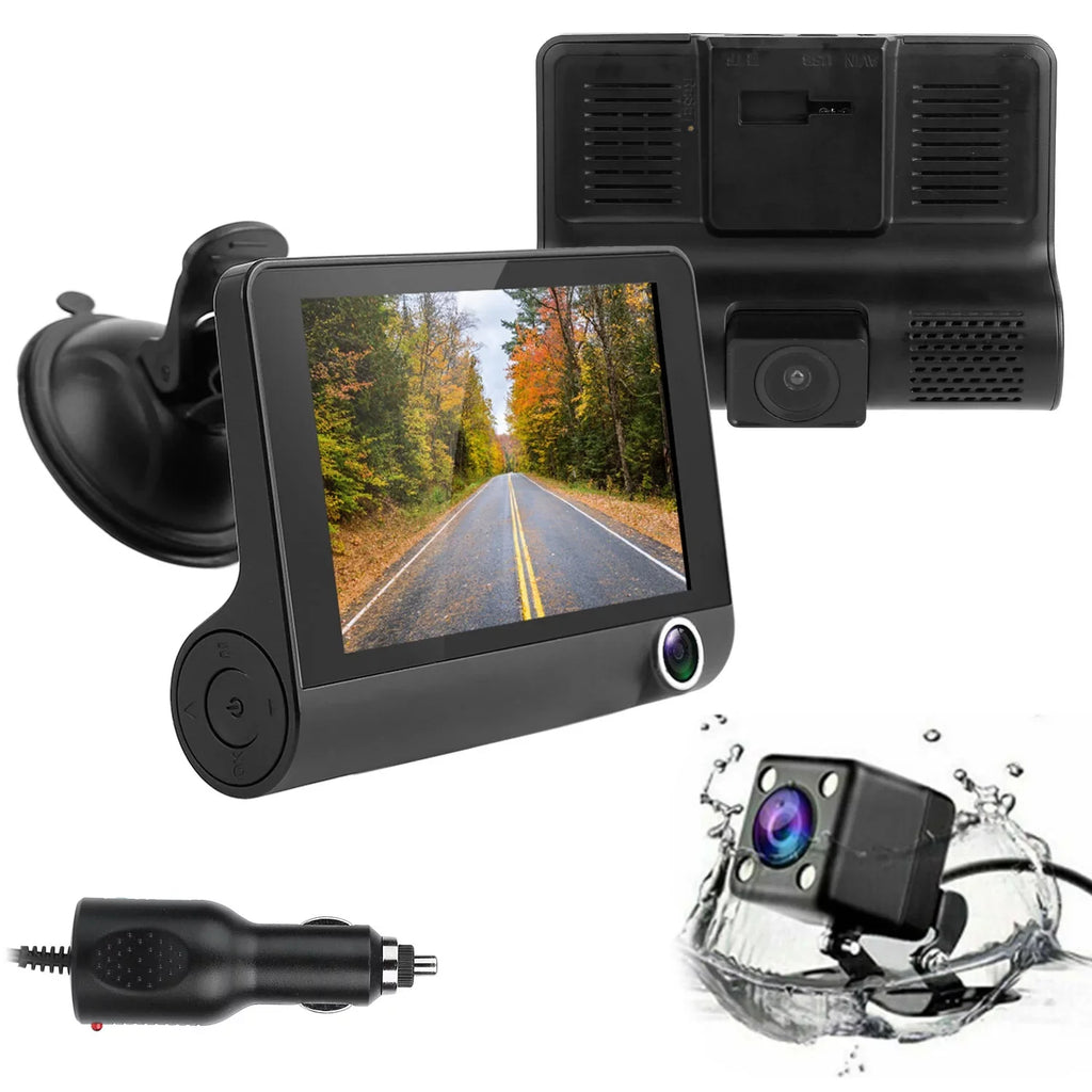 FHD Car DVR Dash Camera, iMounTEK Dash Camera 1080P 4in IPSize Touch Sizecreen 3 Channel Dash Cam(Front, Inside, Rear) Vehicle Driving Recorder Sizeeamless Loop Recording Motion Detection