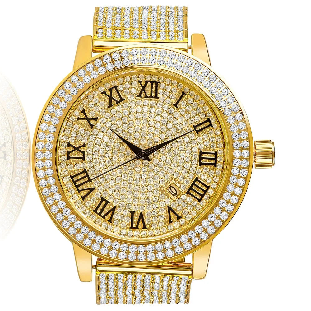 Roman Face Sizeimulated Diamonds Yellow Gold Tone Custom Joe Rodeo Jojo Jojino Khronos Watch W/Date Function