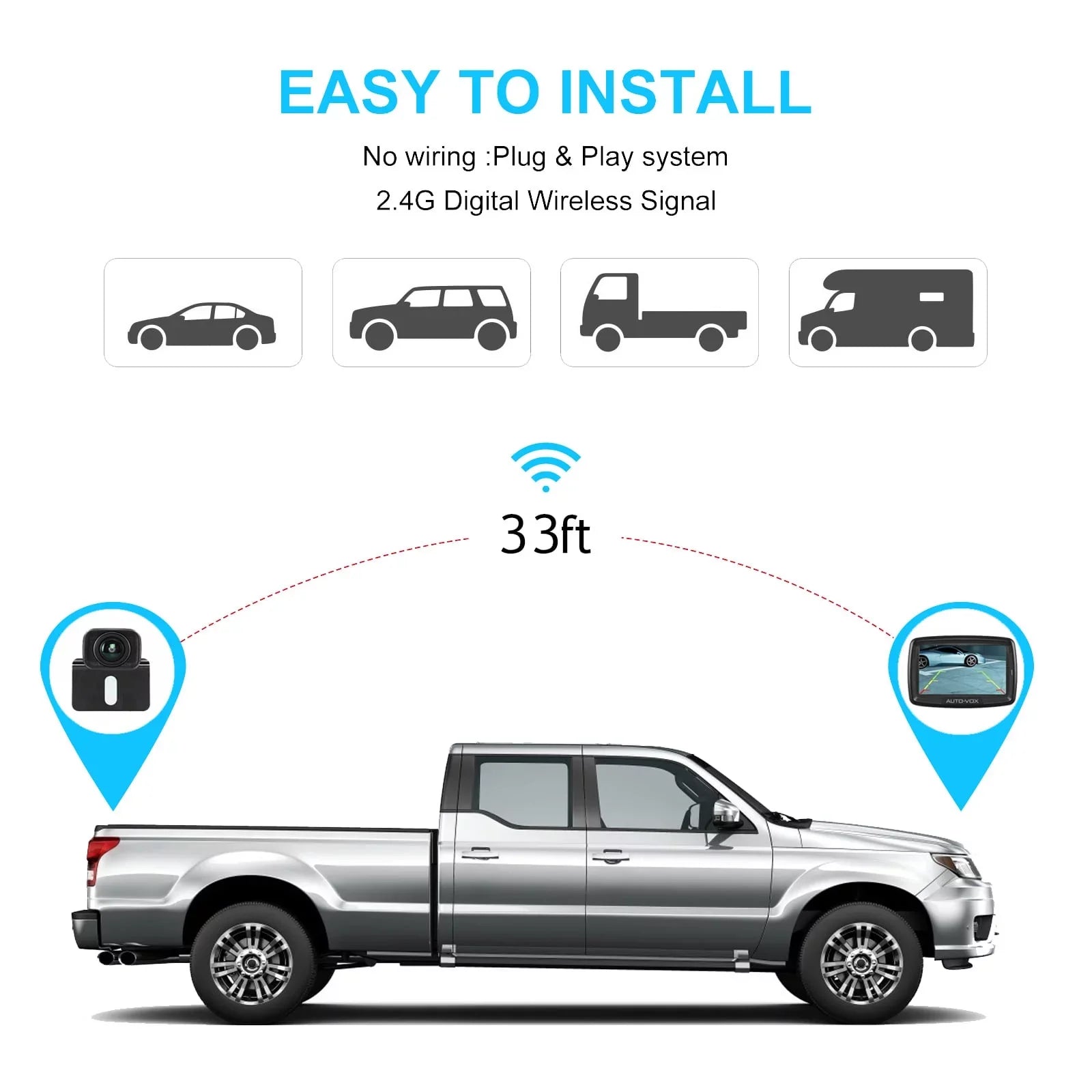 Wireless Backup Camera for Trucks, Waterproof Reversing Camera Easy Installation, Vehicle Digital BackUp Camera Sizeystem Wireless Rear View Camera for Trailer