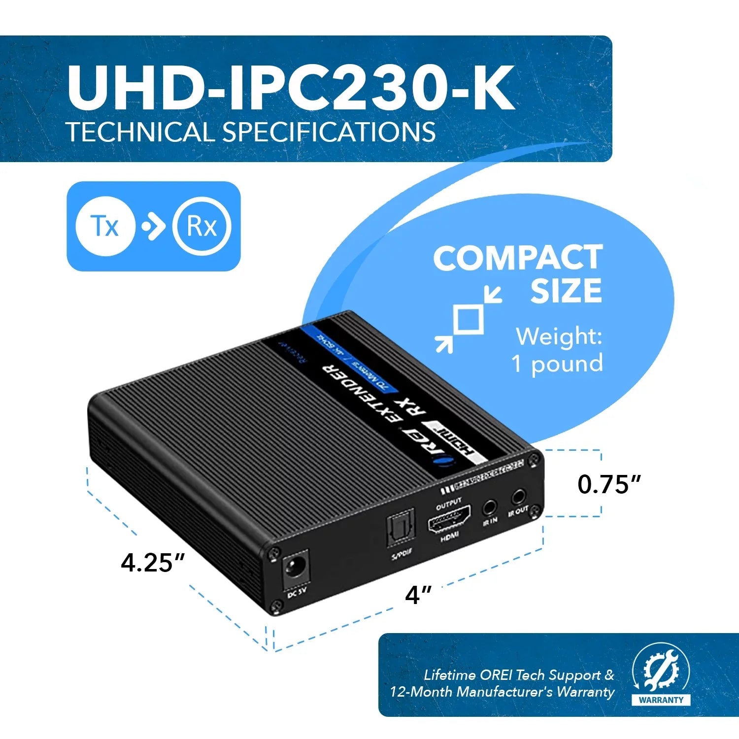 OREI 4K HDMI Extender Over CAT6/7 -230 Ft -IR Blaster & Audio Extraction (UHD-IPC230-K)