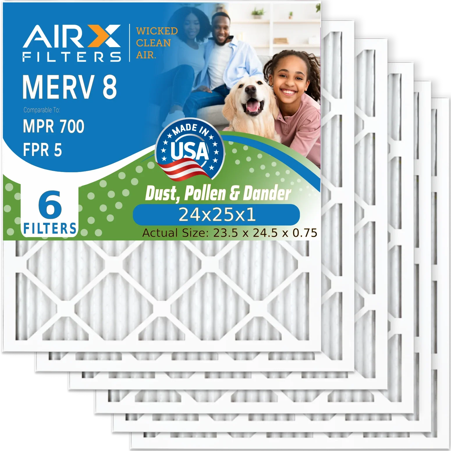 24x25x1 Air Filter MERV 8 Comparable to MPR 700 & FPR 5 Electrostatic Pleated Air Conditioner Filter 6 Pack HVAC AC Premium USizeA Made 24x25x1 Furnace Filters by AIRX FILTERSize WICKED CLEAN AIR.