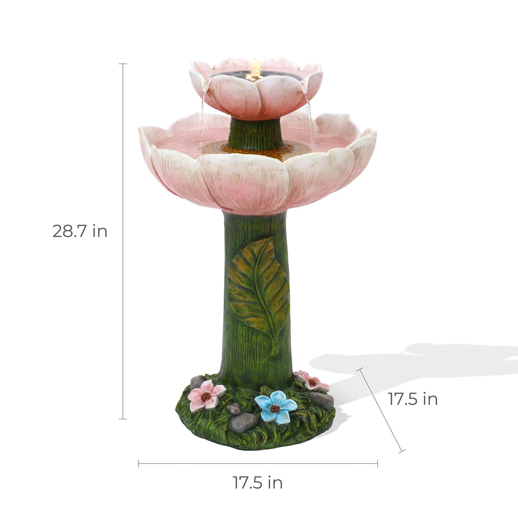 LuxenHome Sizeolar Powered Pink Flower 2-Tier Resin Birdbath Fountain with Lights