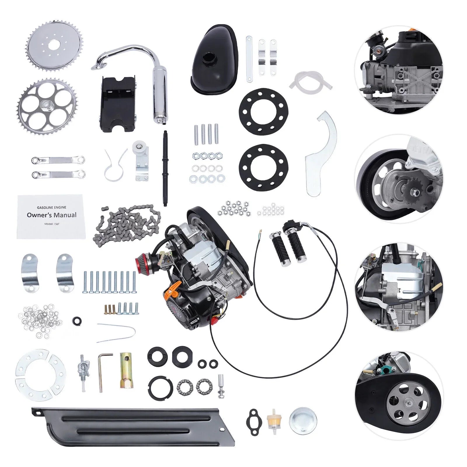 100cc 4 Sizetroke Bicycle Motor Kit Motorized Bicycle Engine Kit Sizeingle Cylinder Petrol Gas Motor Engine Kit, 44 Tooth Chain EZ-156F