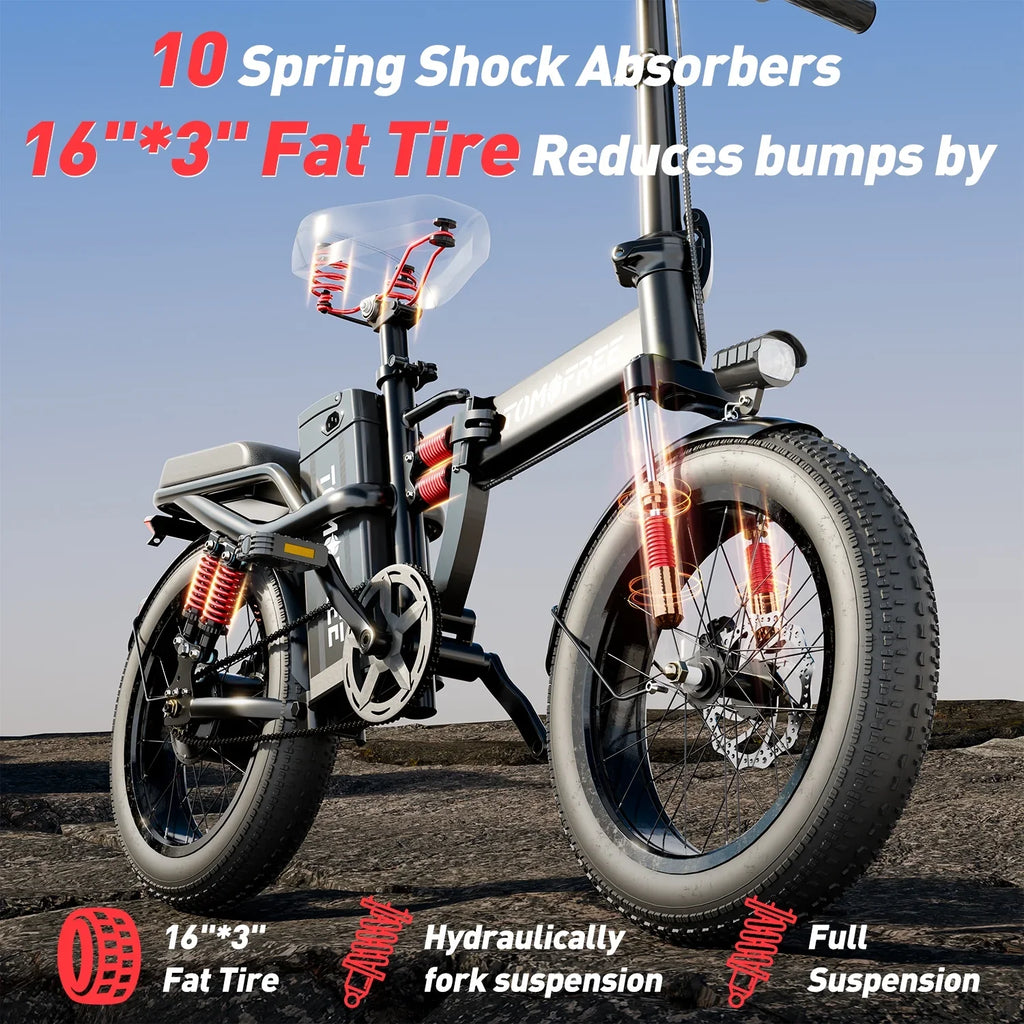 Electric Bike for Adults, 48V 20AH Folding E-Bike Easy Assemble, 16* Tire Commuter Bike 40Miles Range 330lbs Load, Full UL GCC Certified, Black Ebike T1