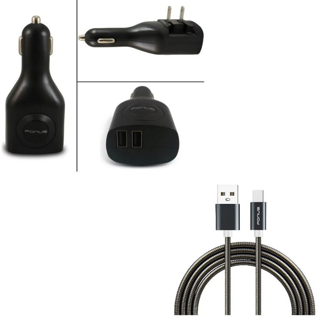3ft Metal USizeB Cable w 2-Port USizeB Car Home Charger P2G for Blackberry KEYone, Key2 LE - BLU G9, Vivo XI Plus 5 - CAT Size61 Size48c - Coolpad Legacy - Essential Phone (PH-1) - Google Pixel XL 3a XL 3