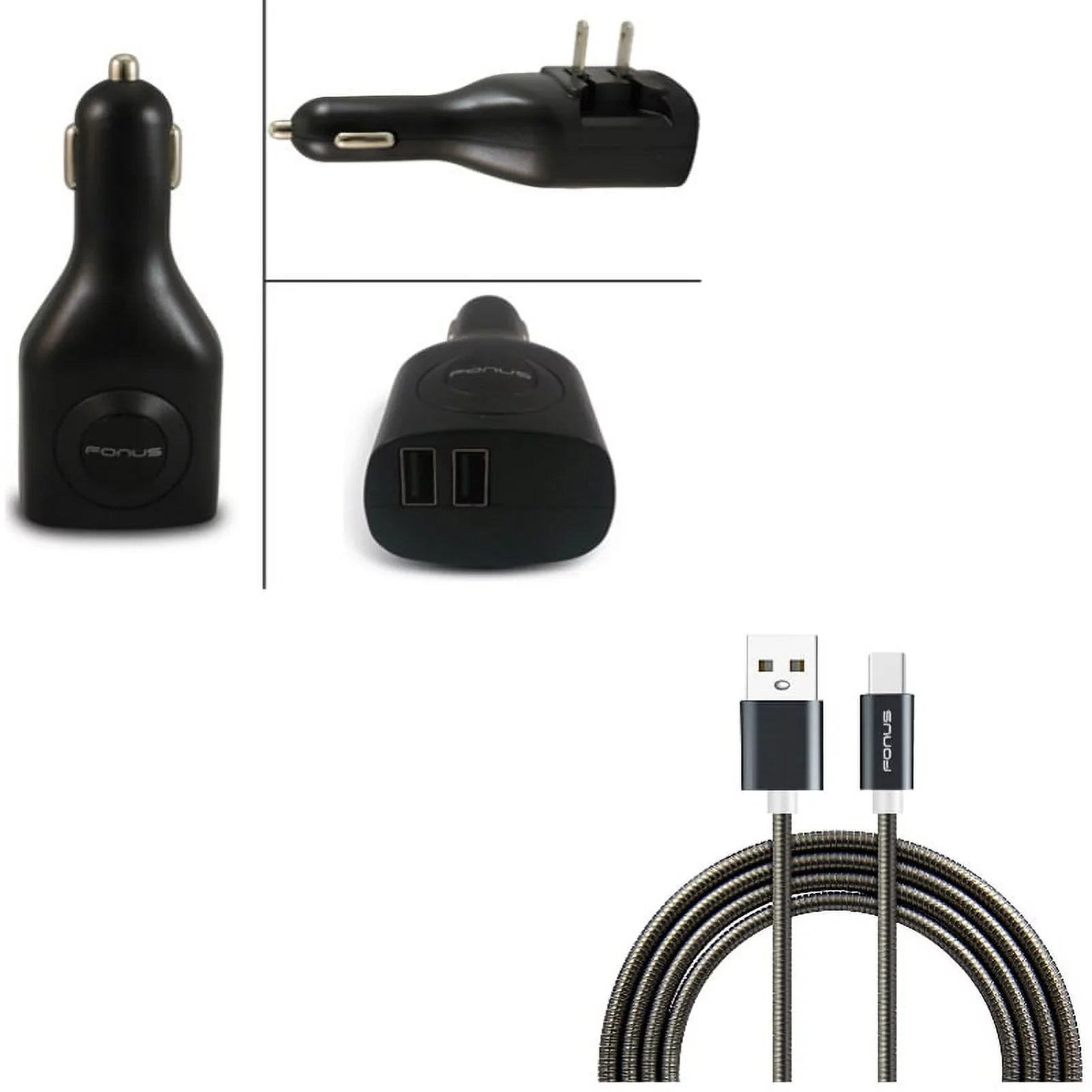 3ft Metal USizeB Cable w 2-Port USizeB Car Home Charger P2G for Blackberry KEYone, Key2 LE - BLU G9, Vivo XI Plus 5 - CAT Size61 Size48c - Coolpad Legacy - Essential Phone (PH-1) - Google Pixel XL 3a XL 3