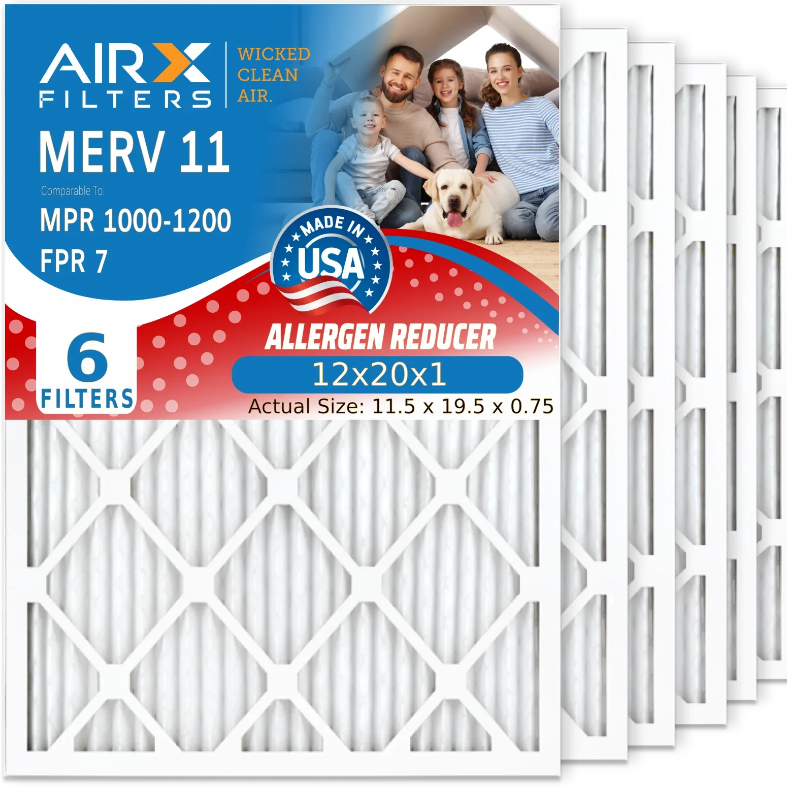 12x20x1 Air Filter MERV 11 Comparable to MPR 1000, MPR 1200 & FPR 7 Electrostatic Pleated Air Conditioner Filter 6 Pack HVAC Premium USizeA Made 12x20x1 Furnace Filters by AIRX FILTERSize WICKED CLEAN AIR.