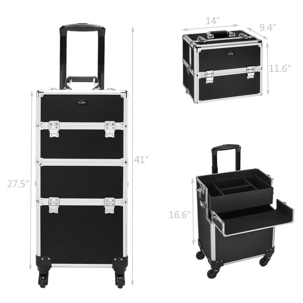 Omysalon 3 in 1 Rolling Cosmetic Makeup Train Case for Professional, Black makeup trolley