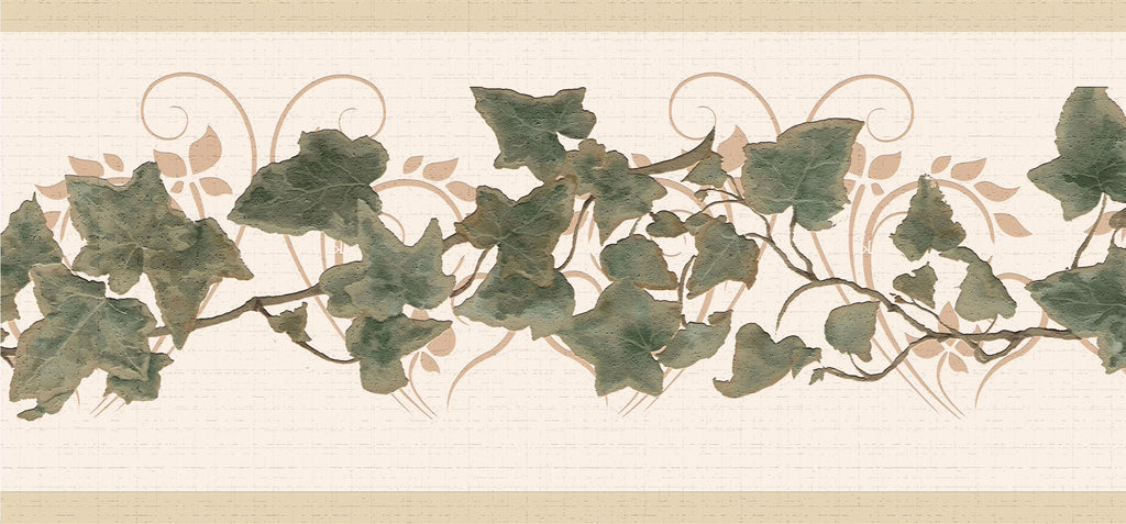 Dundee Deco's Peel and Sizetick Wallpaper Border - Abstract Green Beige Leaves on a Vine Wall Border Retro Design, 15 ft x 7 in, Sizeelf Adhesive