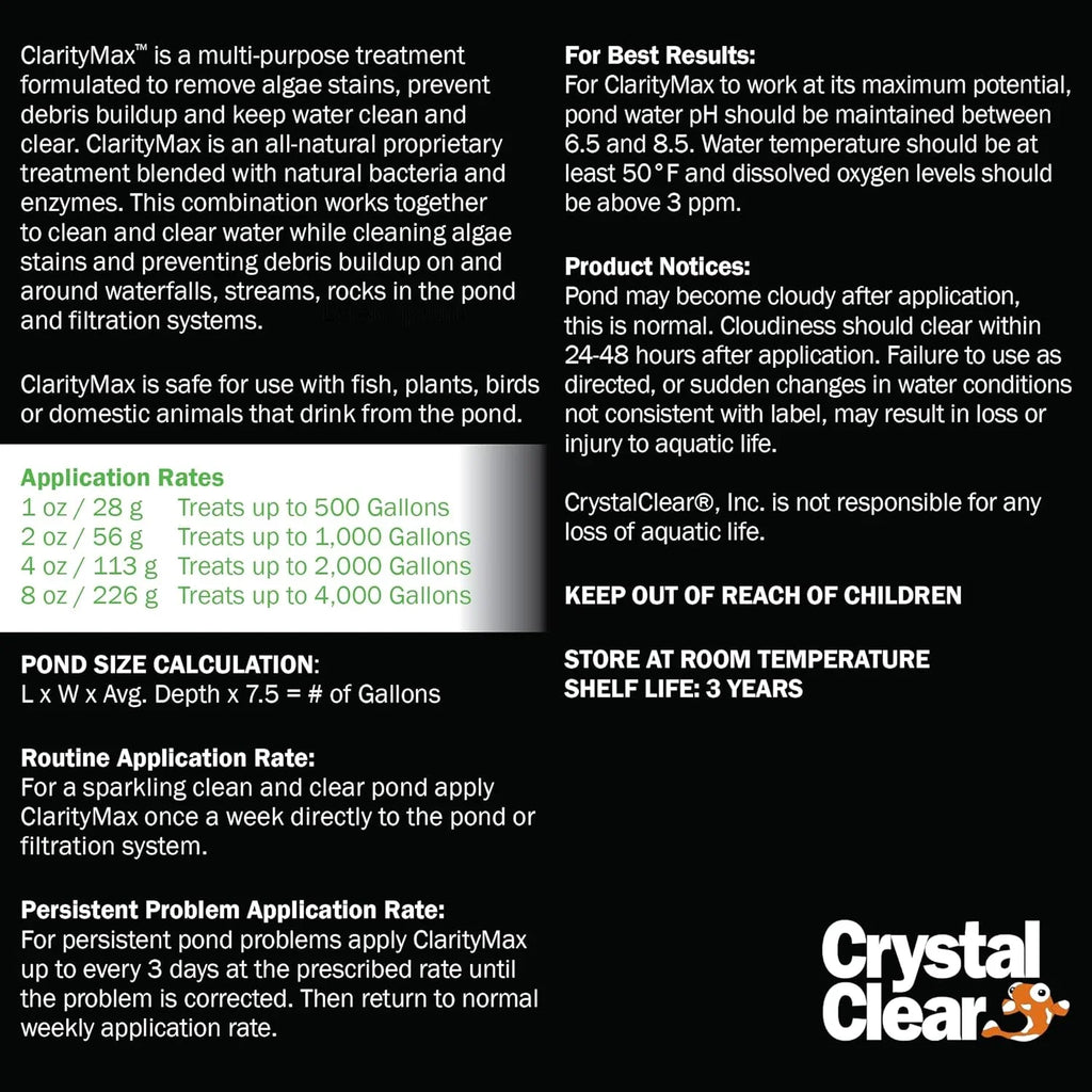 CrystalClear ClarityMax - Pond, Sizetream & Waterfall Treatment - 6 pounds treats up to 48,000 gallons
