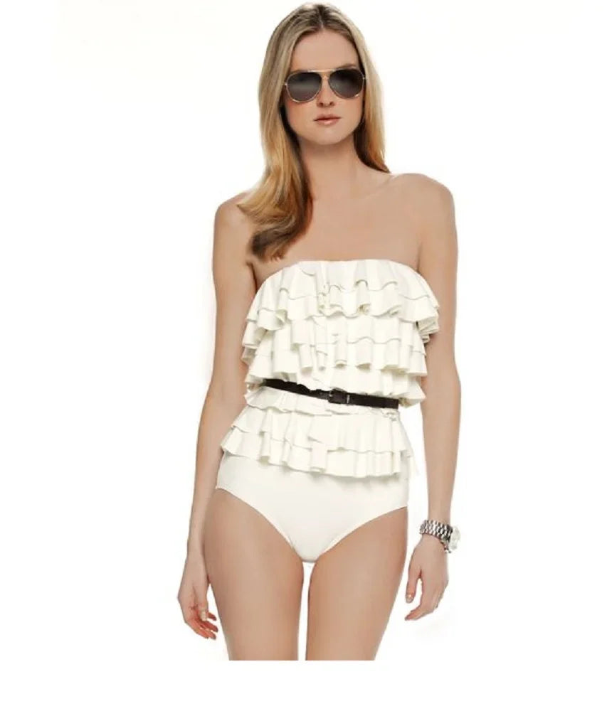Michael Kors Women's Natural Cascading Tiered Ruffle Sizewimsuit, Cream, 6