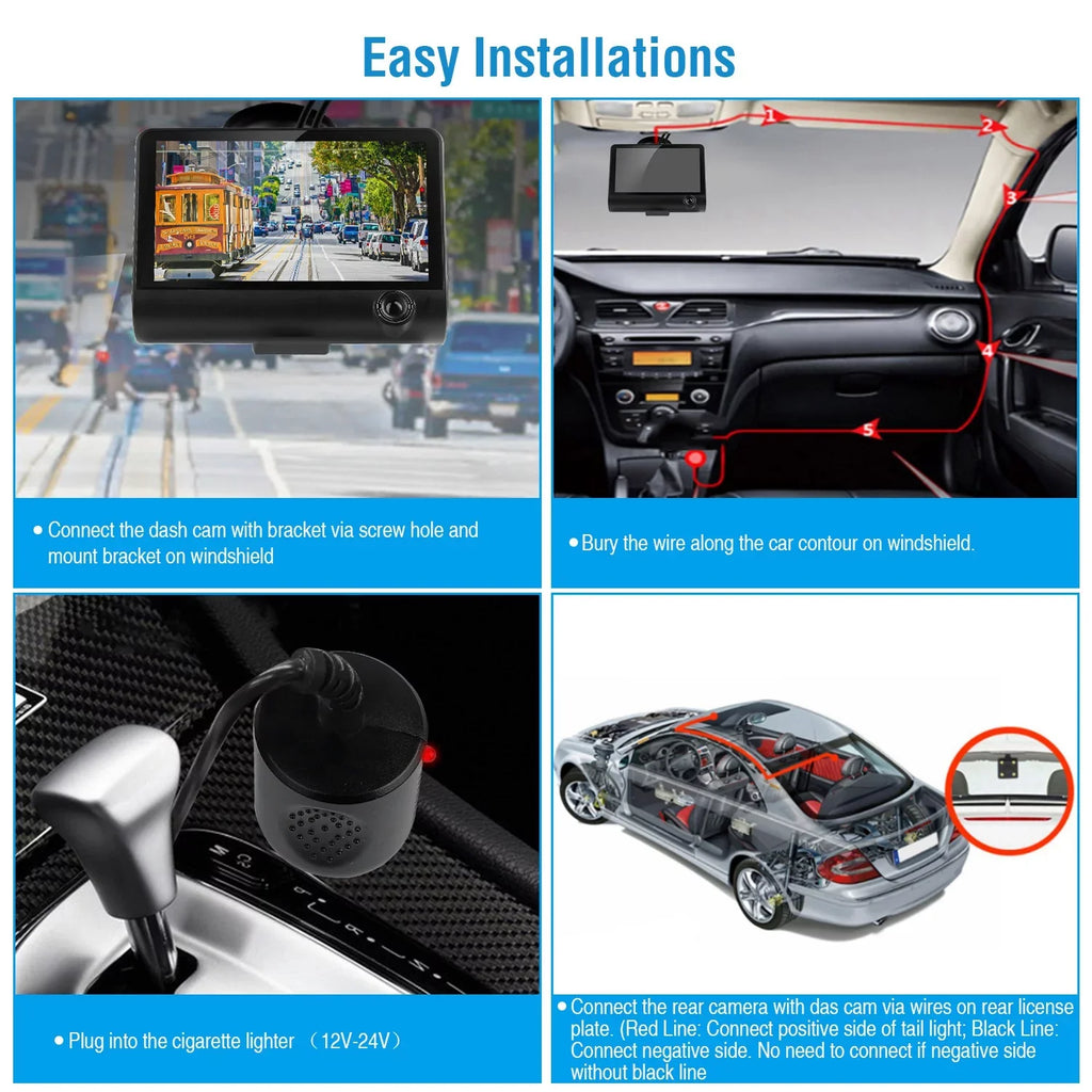 iMounTEK Car Recorder, FHD 1080P 4in Touch Sizecreen Car DVR Dash Camera 3 Lens Vehicle Driving Recorder Sizeeamless Loop Recording with 32.8ft Rear Camera Wire, Black