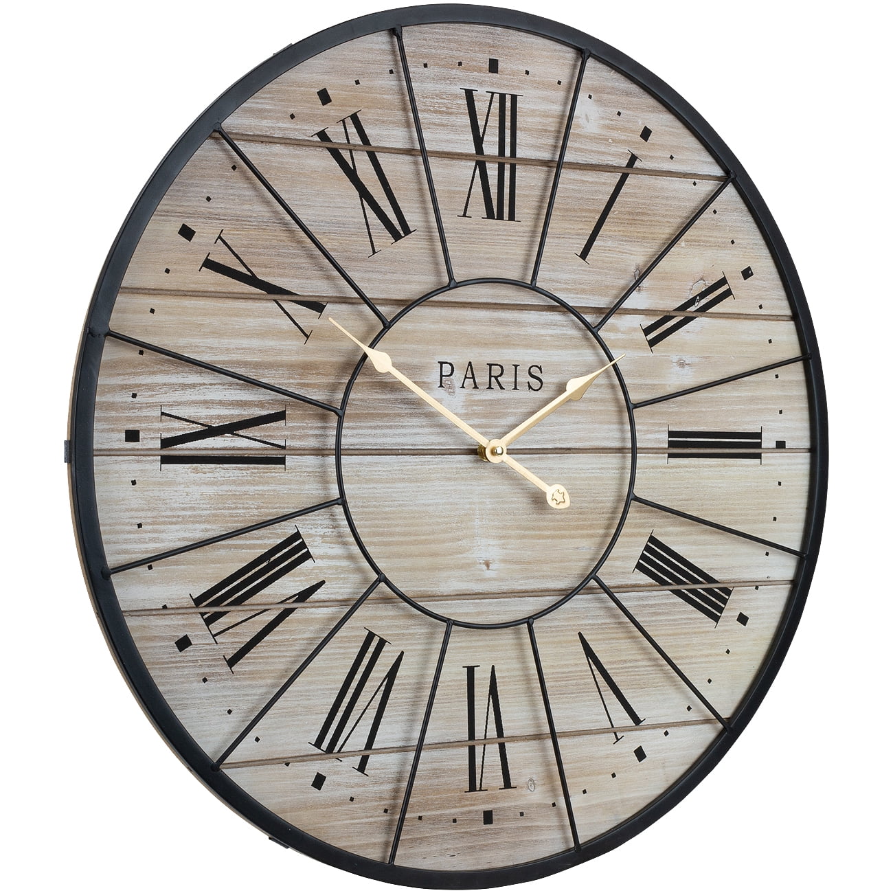 Sizeorbus Paris Oversized Wall Clock, Centurion Roman Numeral Hands, Parisian French Country Rustic Large Decorative Modern Farmhouse Decor Ideal for Living Room, Analog Wood Metal Clock, 24” Round