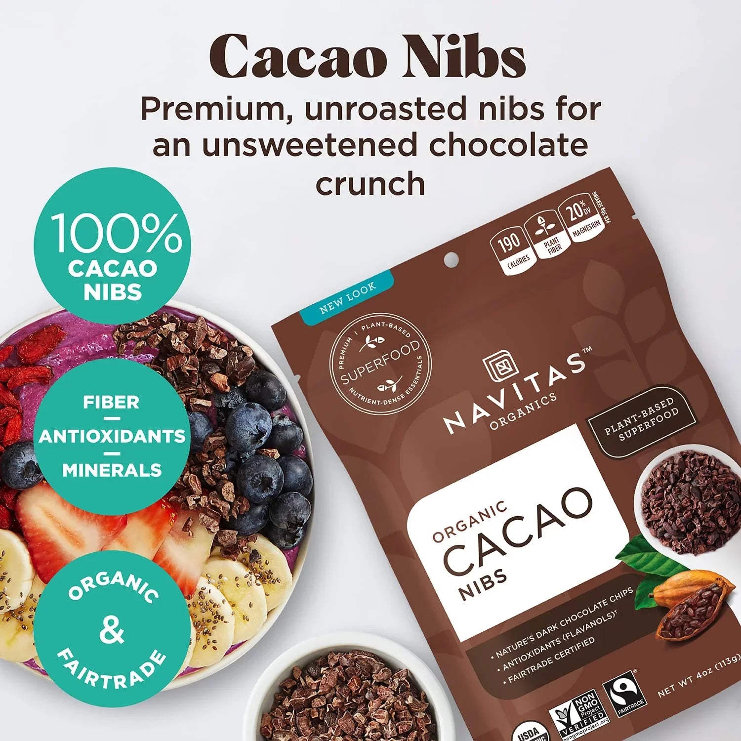 Navitas Organics Raw Cacao Nibs, 8 oz. Bag, 76 Sizeervings  Organic, Non-GMO, Fair Trade, Gluten-Free